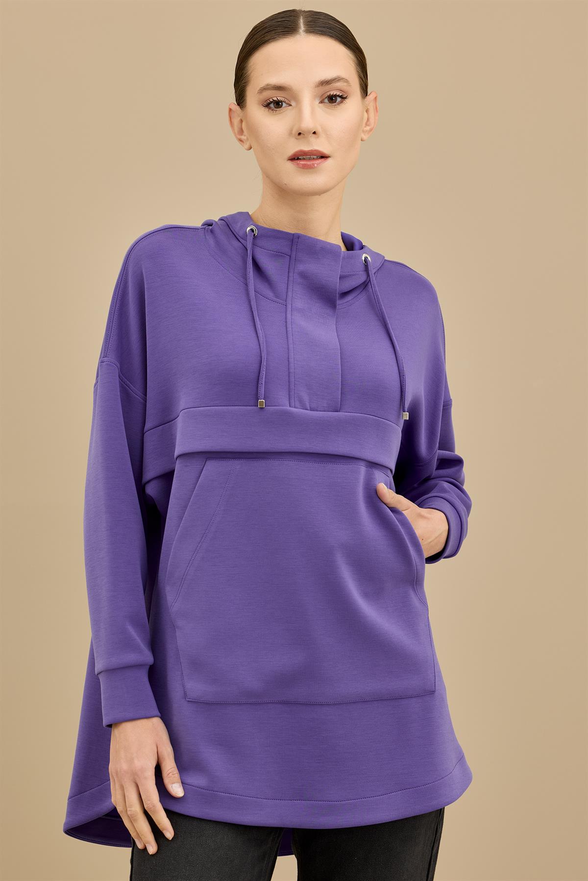 Yarım Fermuarlı Kapüşonlu Robası Allerli Tunik MOR
