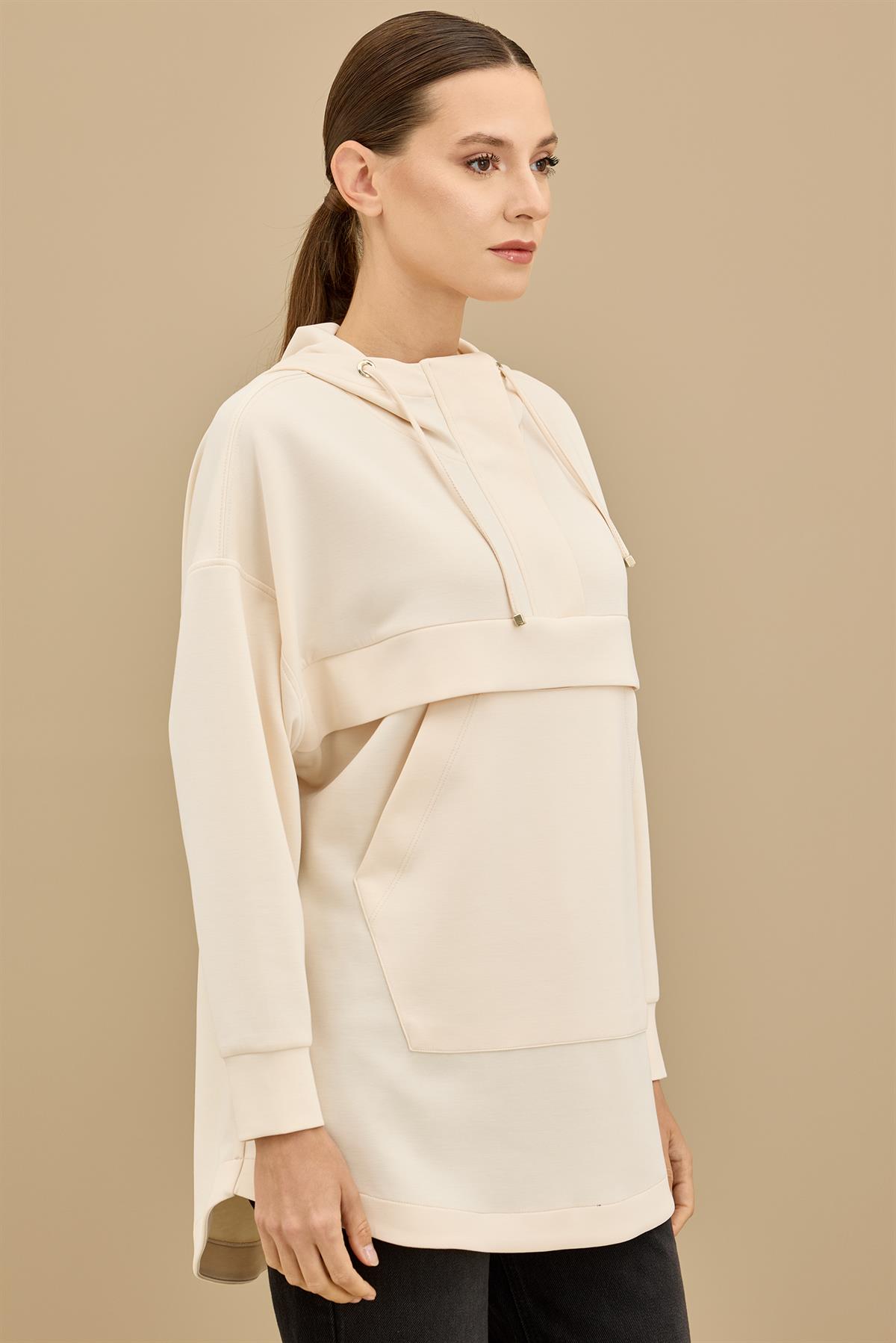 Yarım Fermuarlı Kapüşonlu Robası Allerli Tunik BEJ