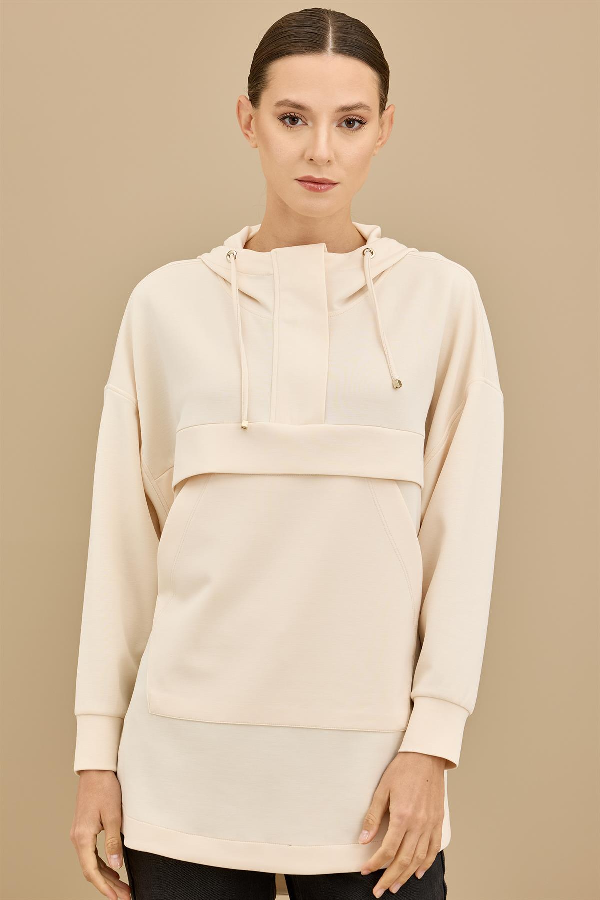 Yarım Fermuarlı Kapüşonlu Robası Allerli Tunik BEJ