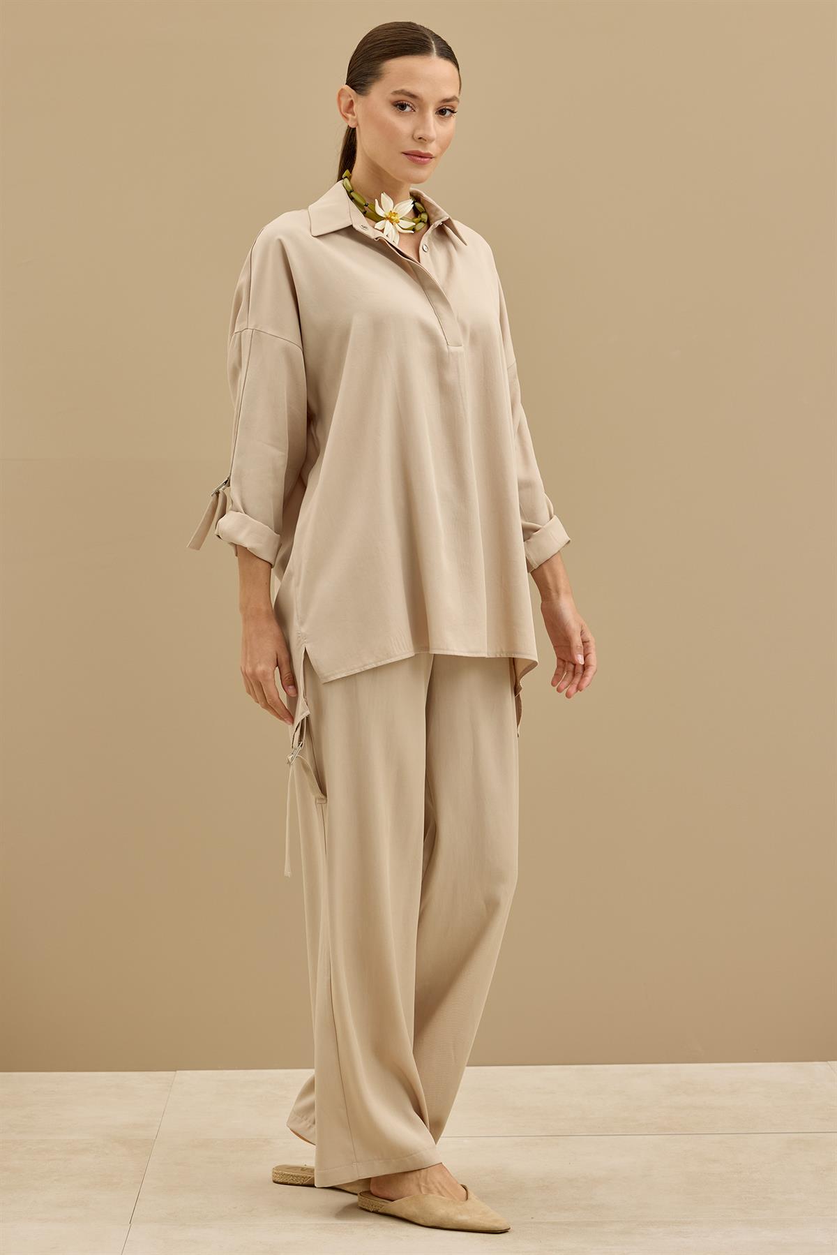 Yarım Patlı Apoletli Pantolon Tunik Takım BEJ