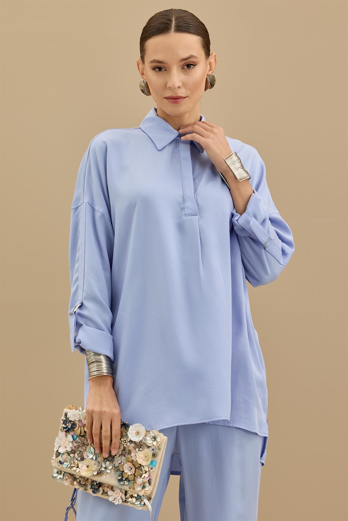 Yarım Patlı Apoletli Pantolon Tunik Takım MAVİ