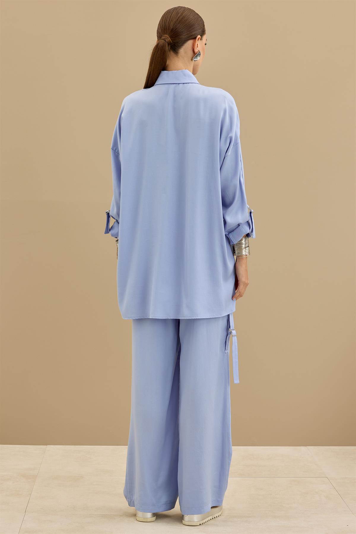 Yarım Patlı Apoletli Pantolon Tunik Takım MAVİ