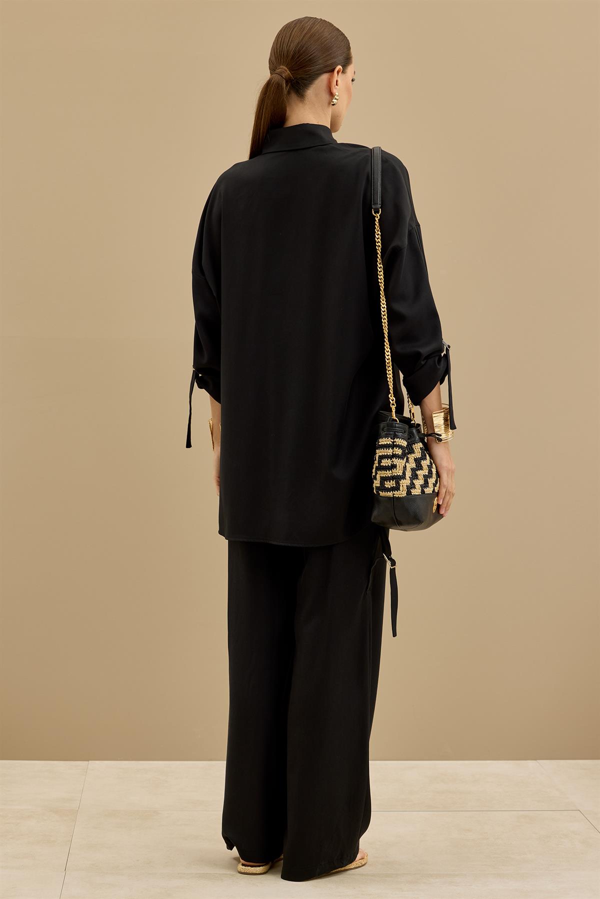 Yarım Patlı Apoletli Pantolon Tunik Takım SİYAH