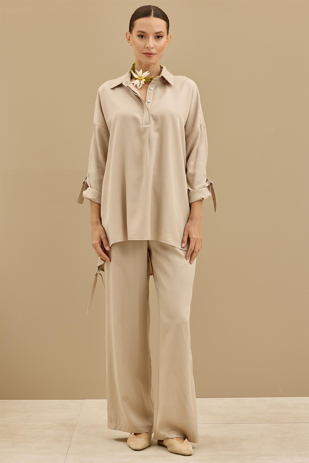 Yarım Patlı Apoletli Pantolon Tunik Takım BEJ