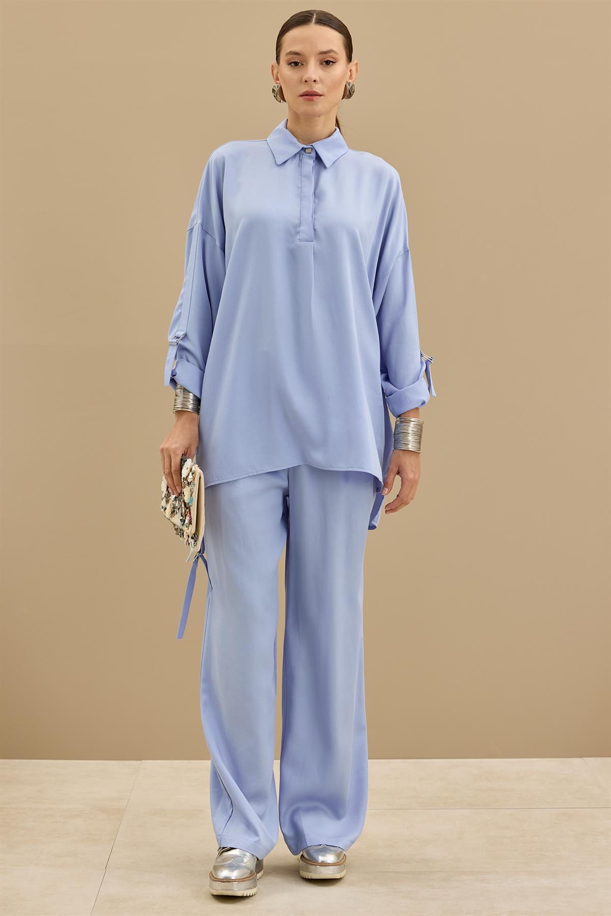 Yarım Patlı Apoletli Pantolon Tunik Takım MAVİ