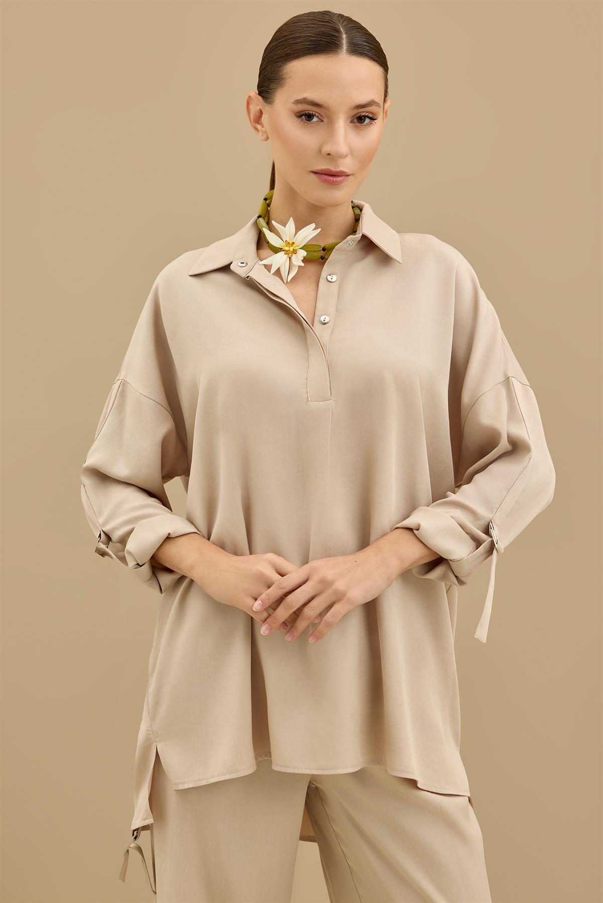 Yarım Patlı Apoletli Pantolon Tunik Takım BEJ