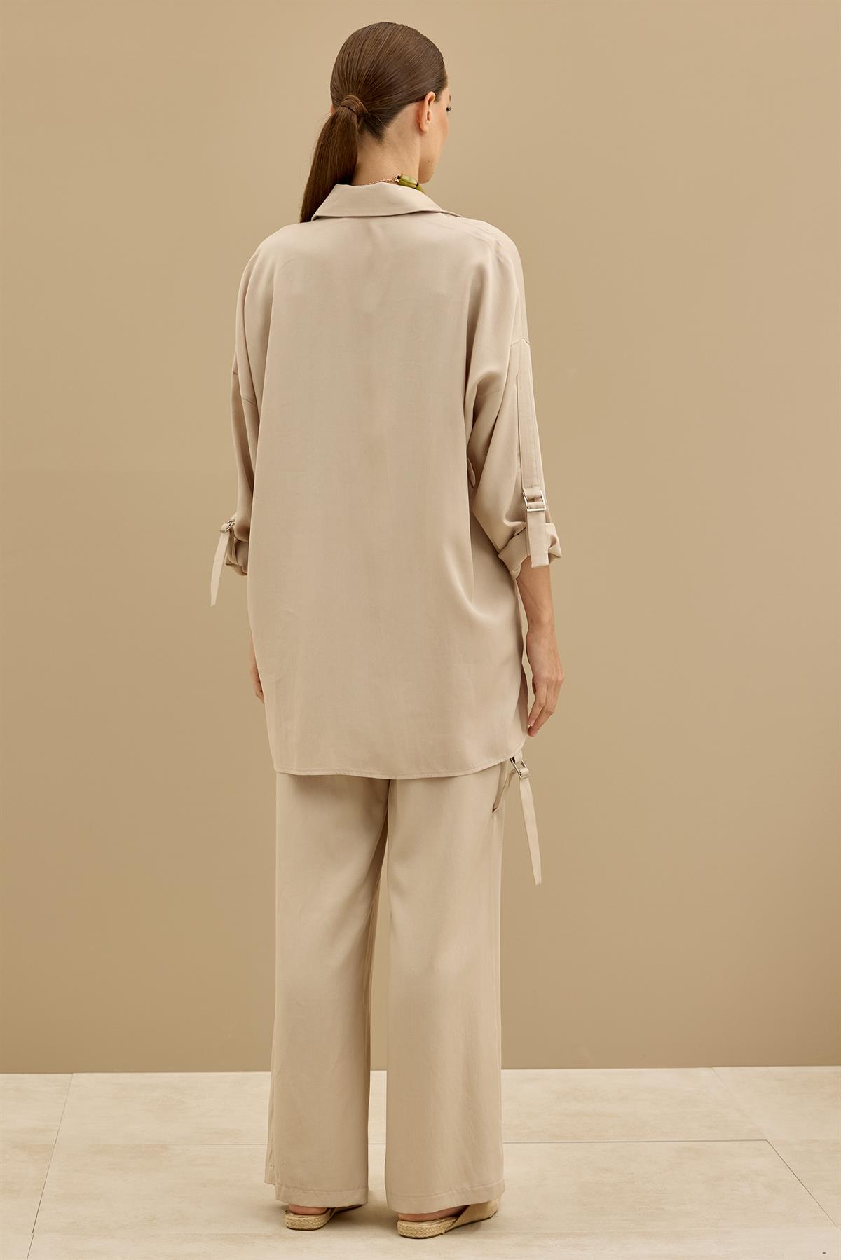 Yarım Patlı Apoletli Pantolon Tunik Takım BEJ