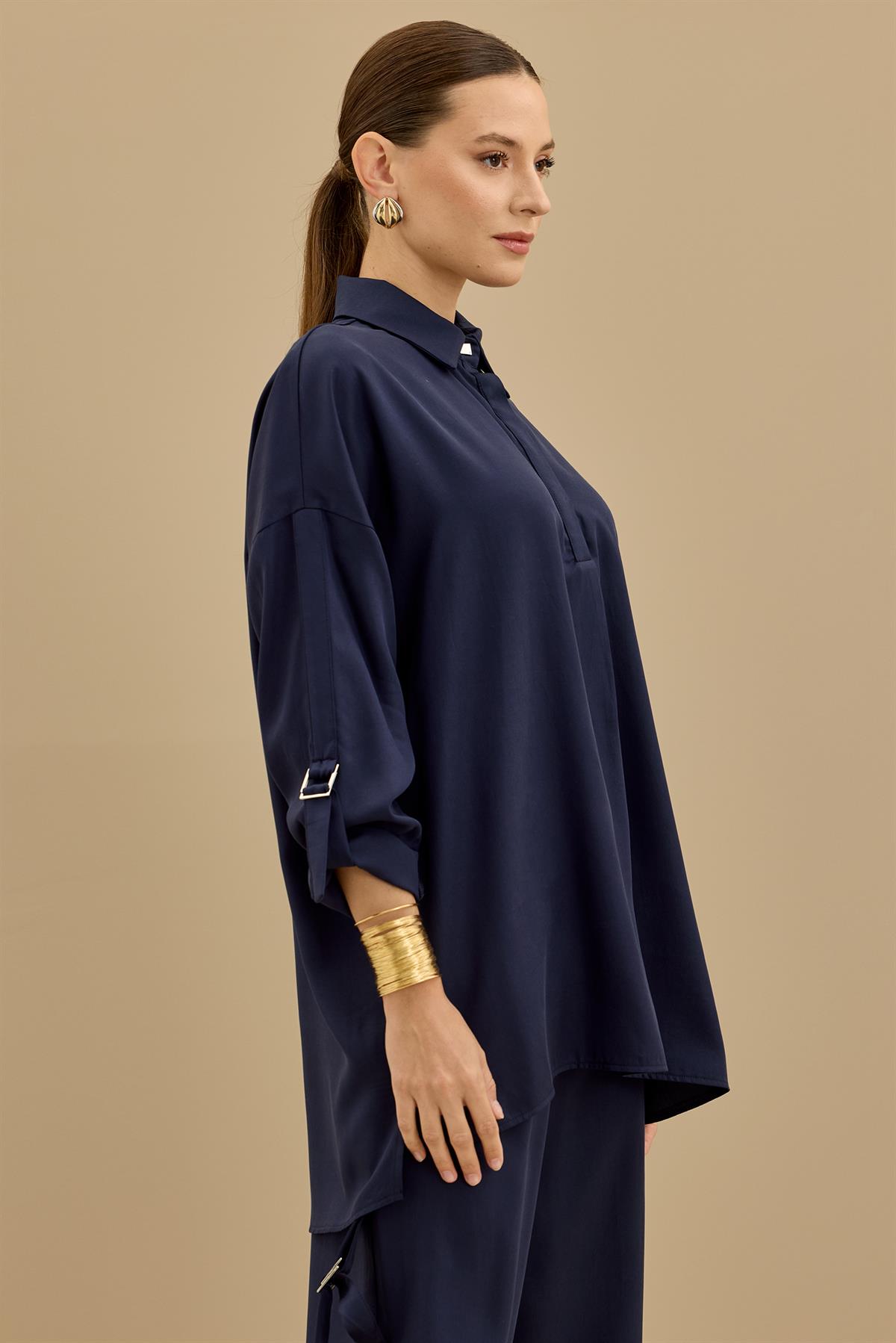 Yarım Patlı Apoletli Pantolon Tunik Takım LACİVERT