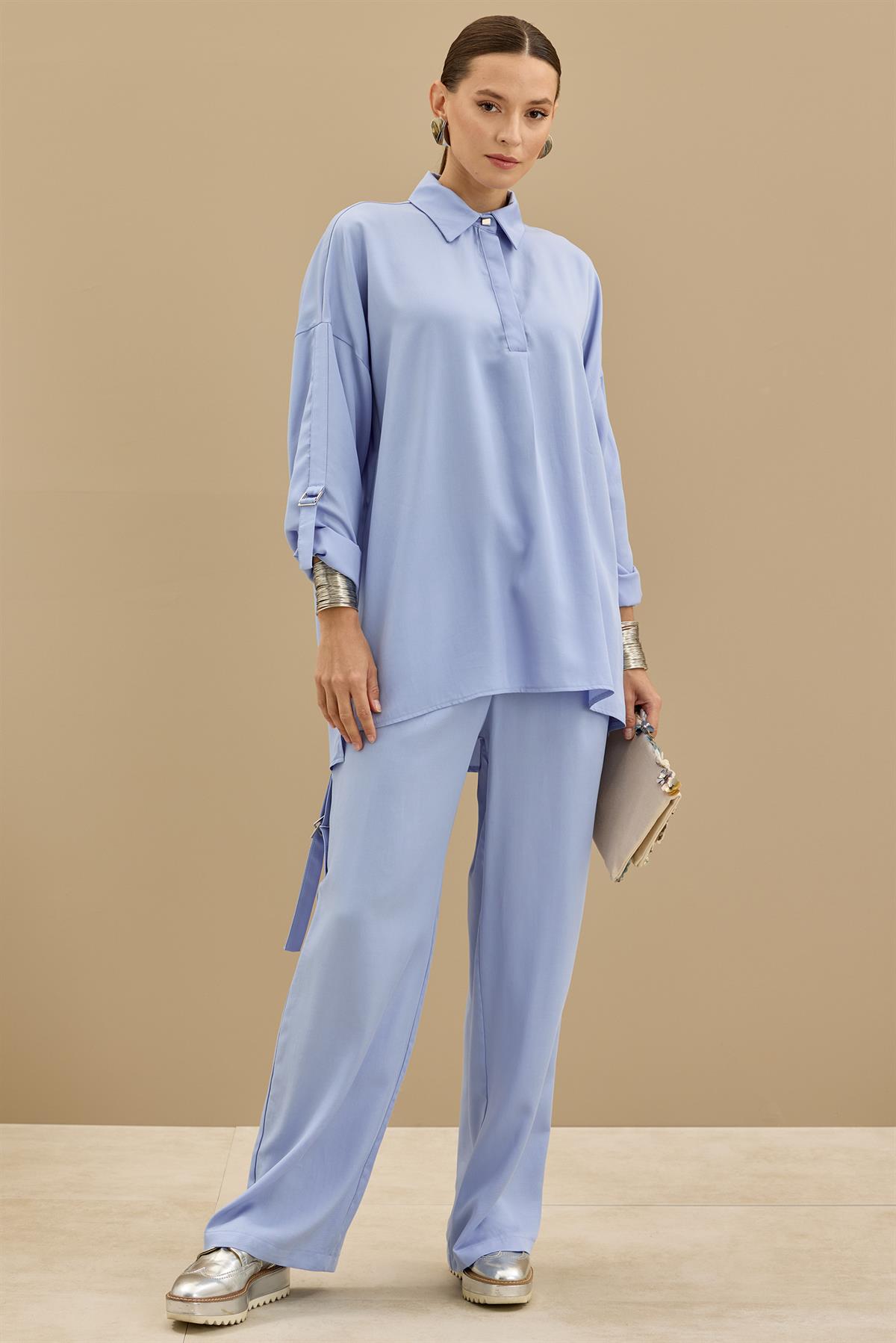 Yarım Patlı Apoletli Pantolon Tunik Takım MAVİ