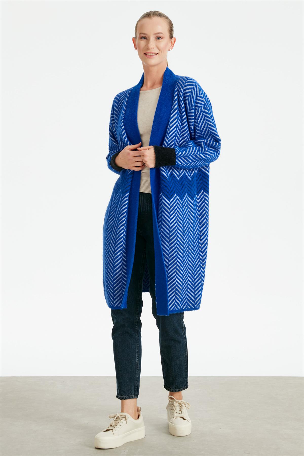 Zigzag Desenli Kontrast Manşetli Mink Triko Hırka SAKS