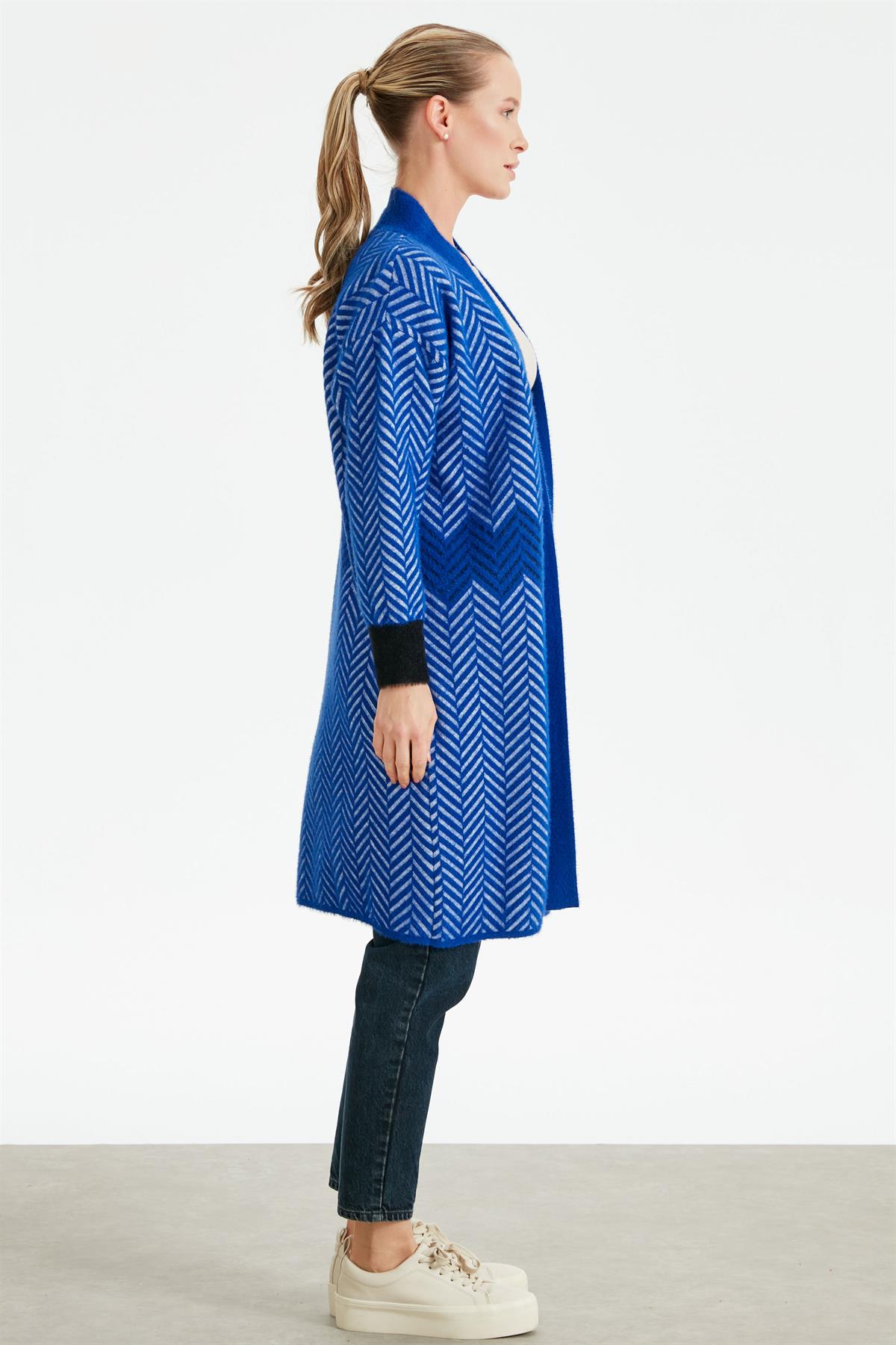 Zigzag Desenli Kontrast Manşetli Mink Triko Hırka SAKS