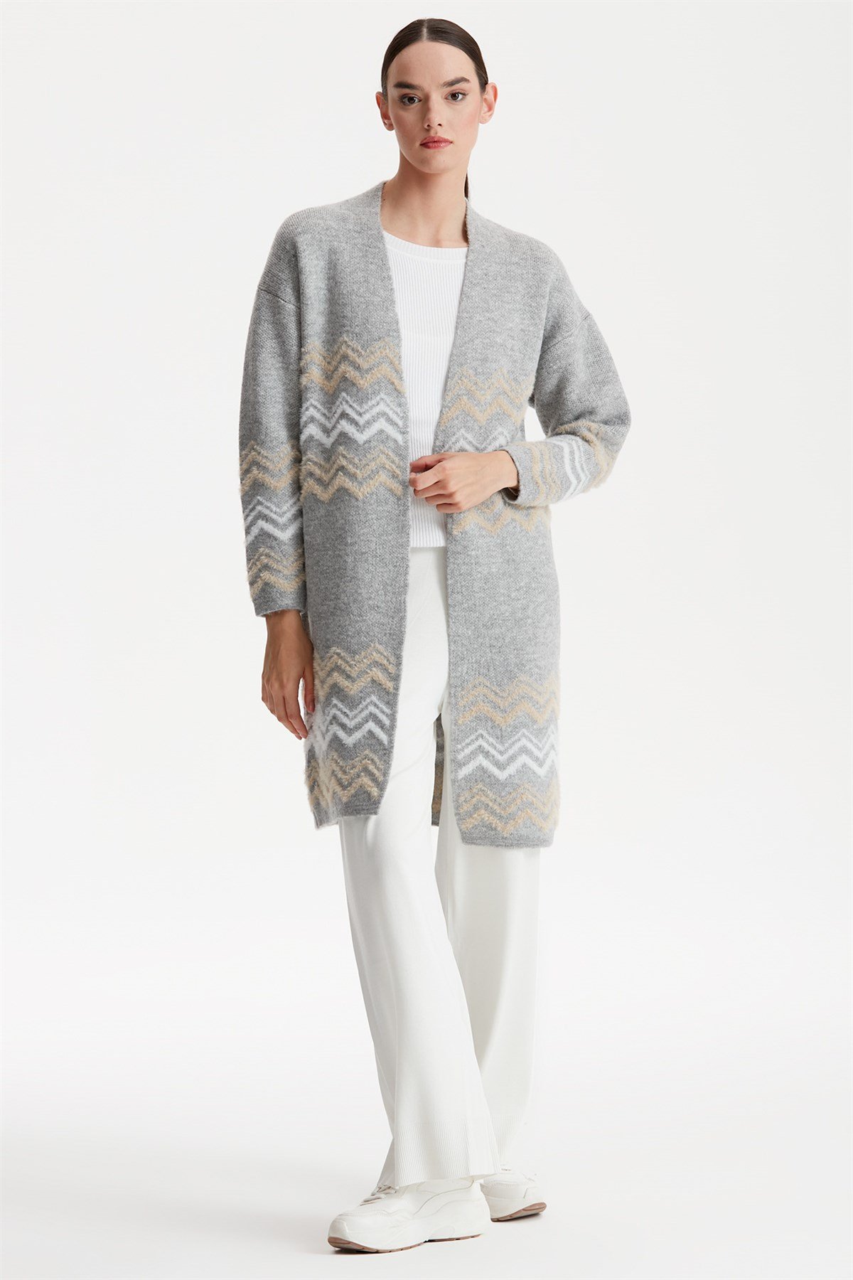 ZİKZAK ÇİZGİ DETAYLI TRİKO HIRKA GRİ