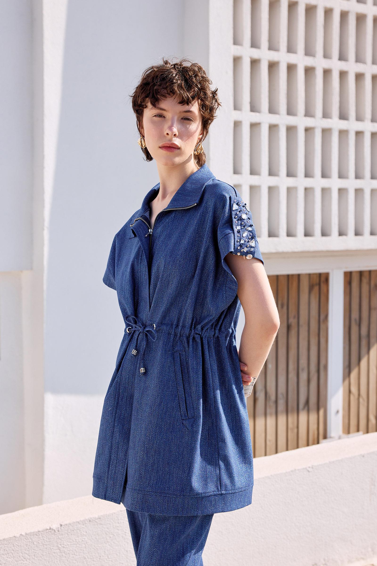 Apoletleri Taşlı Simli Denim Yelekli Takım İNDİGO