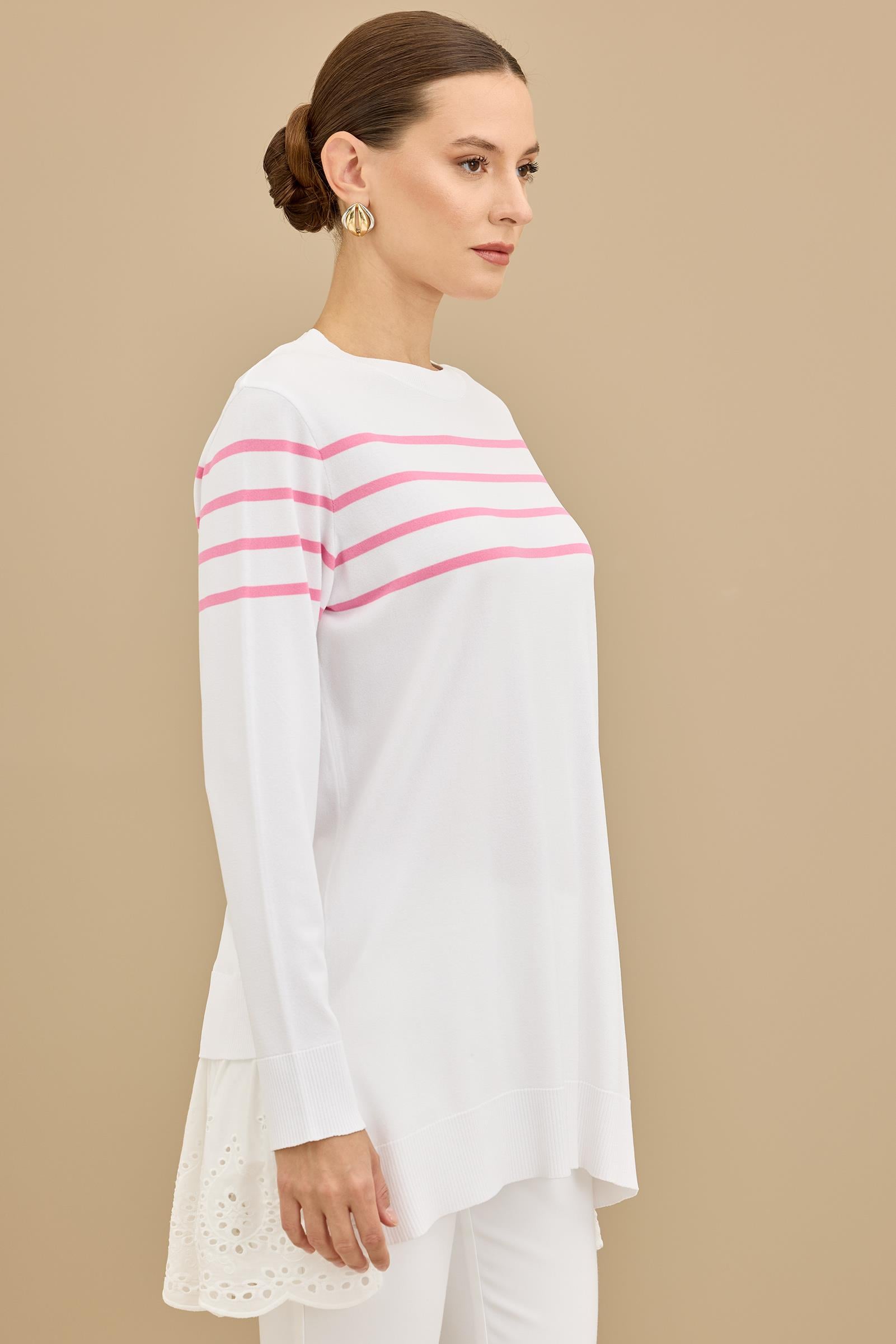 Arkası Güpür Çizgili Rayon Tunik EKRU