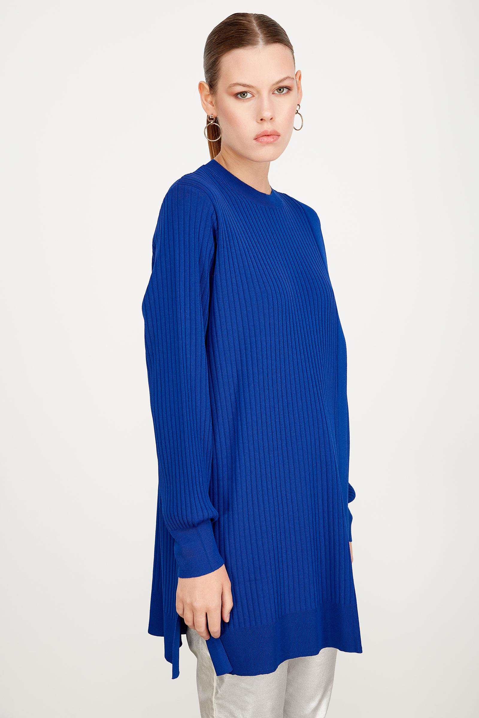 ASİMETRİK DETAYLI RAYON TUNİK SAKS