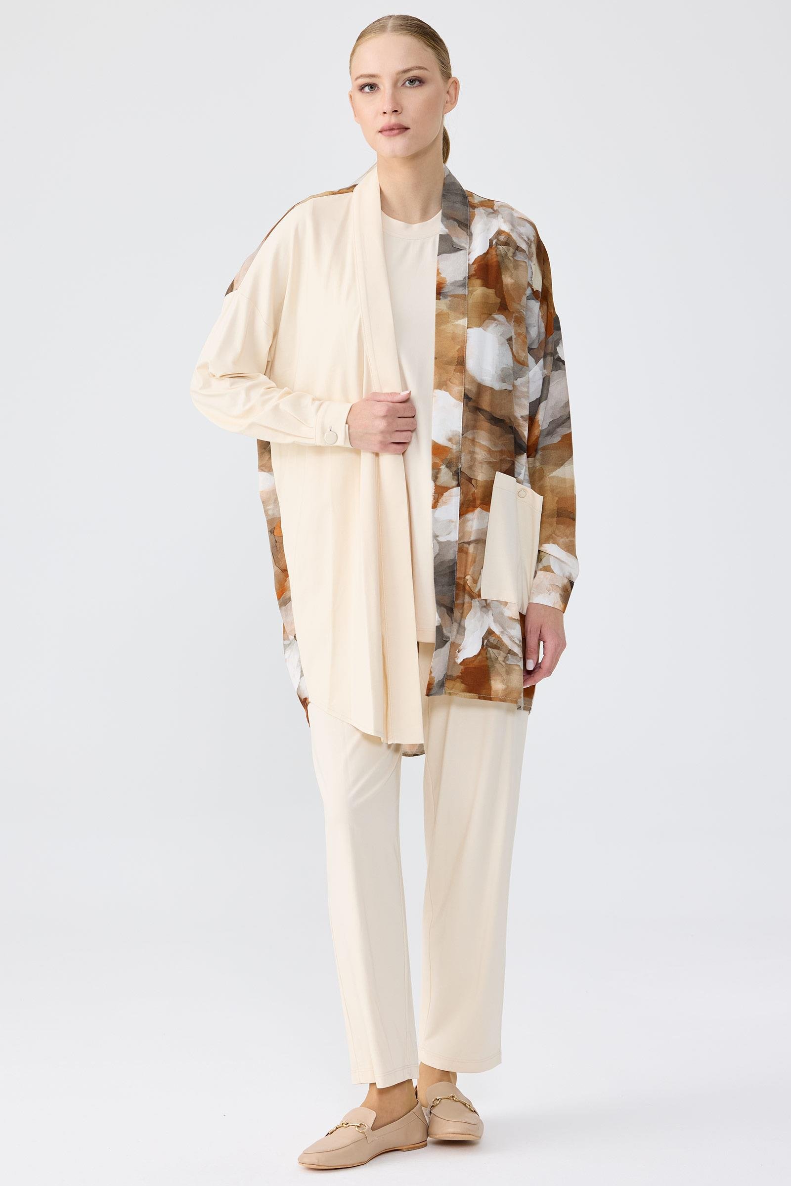 Asimetrik Kesim Suluboya Emprime 3'Lü Takım BEJ