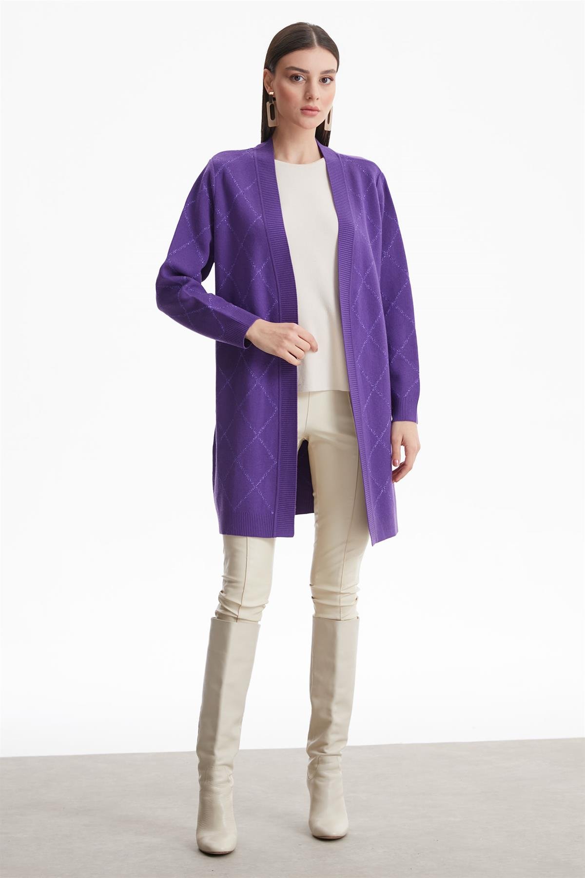 BAKLAVA DESENLİ SİMLİ HIRKA MOR