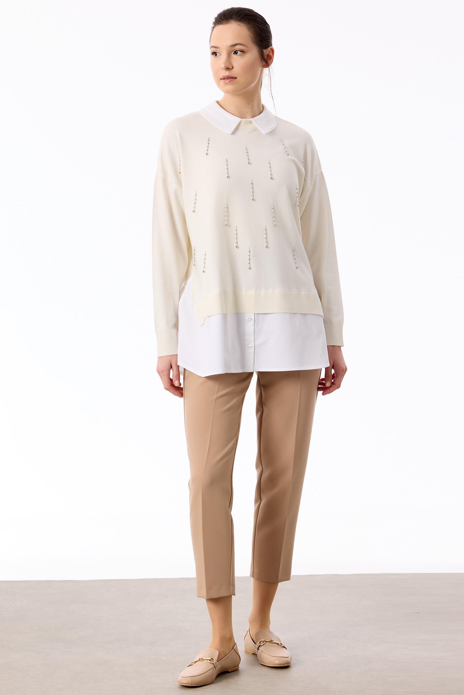 Boncuk İşlemeli Gömlek Detaylı Tunik EKRU