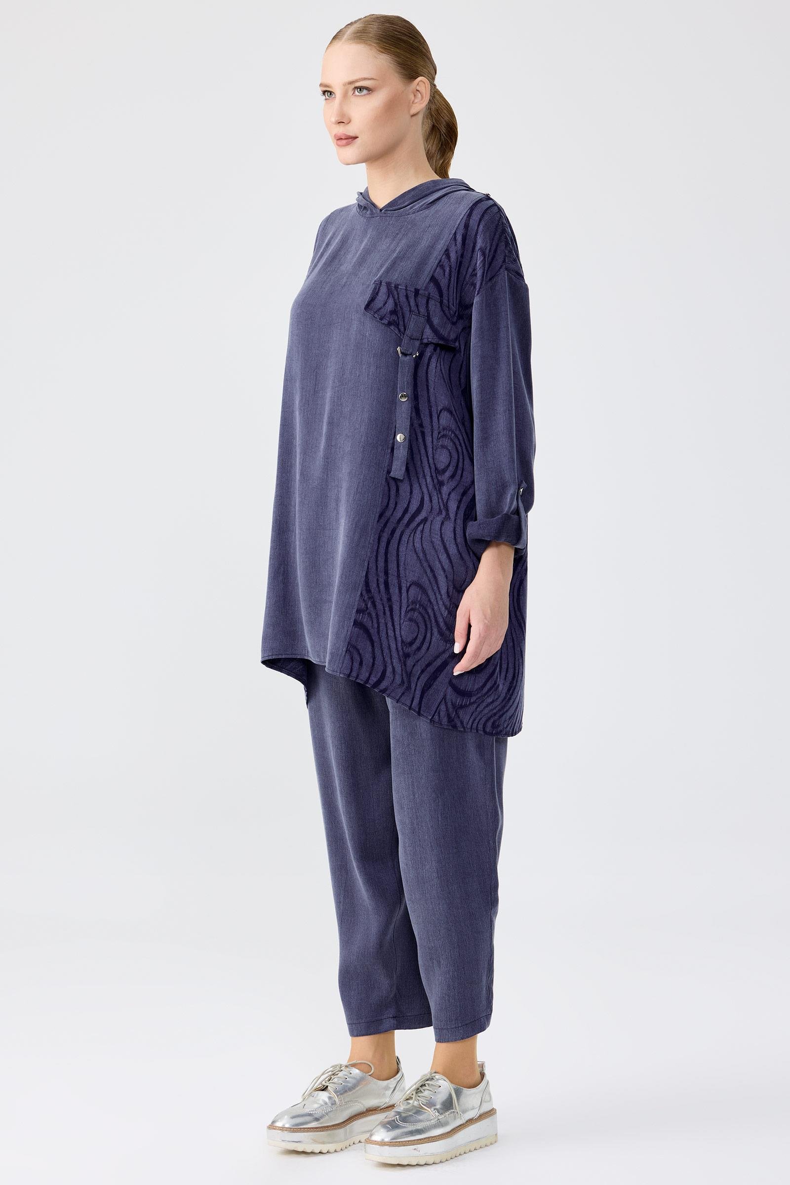 Cep Kapağı Detaylı Kapüşonlu Tunik Pantolon Takım LACİVERT