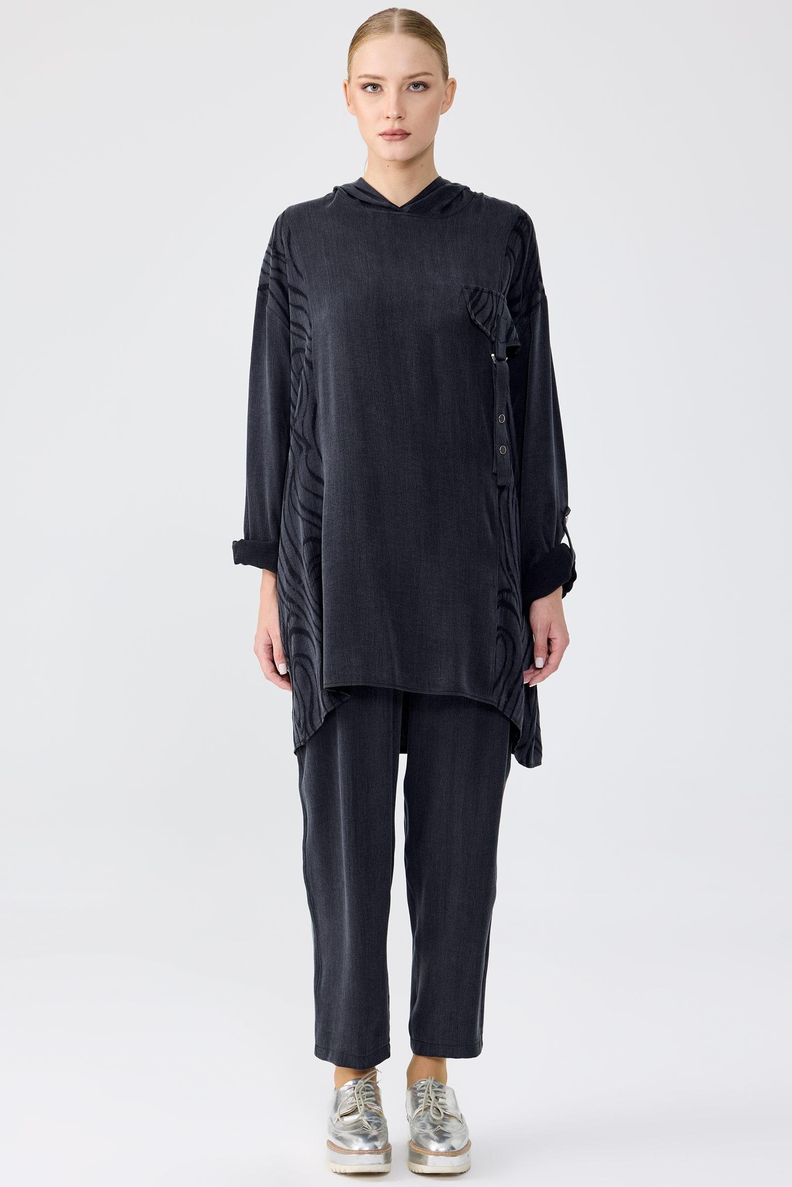 Cep Kapağı Detaylı Kapüşonlu Tunik Pantolon Takım SİYAH
