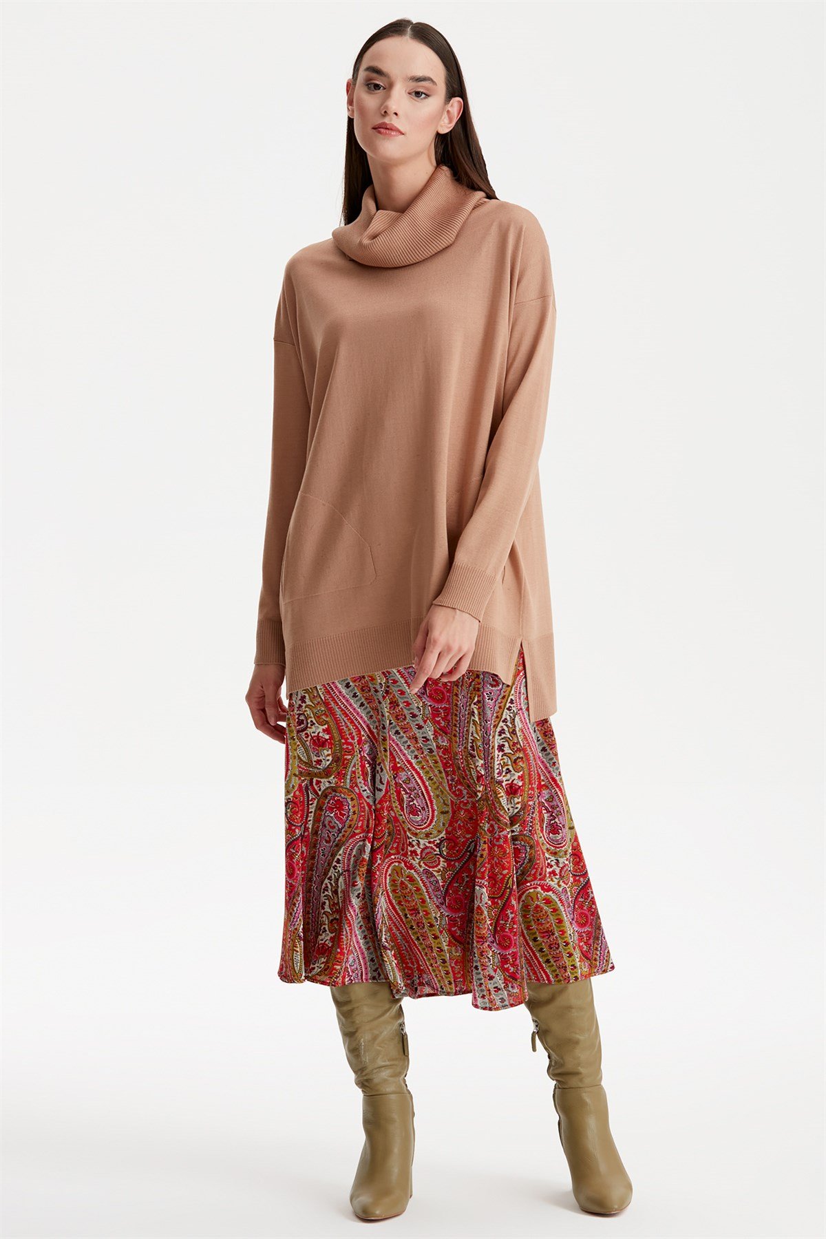 DEGAJE YAKA TRİKO TUNİK CAMEL