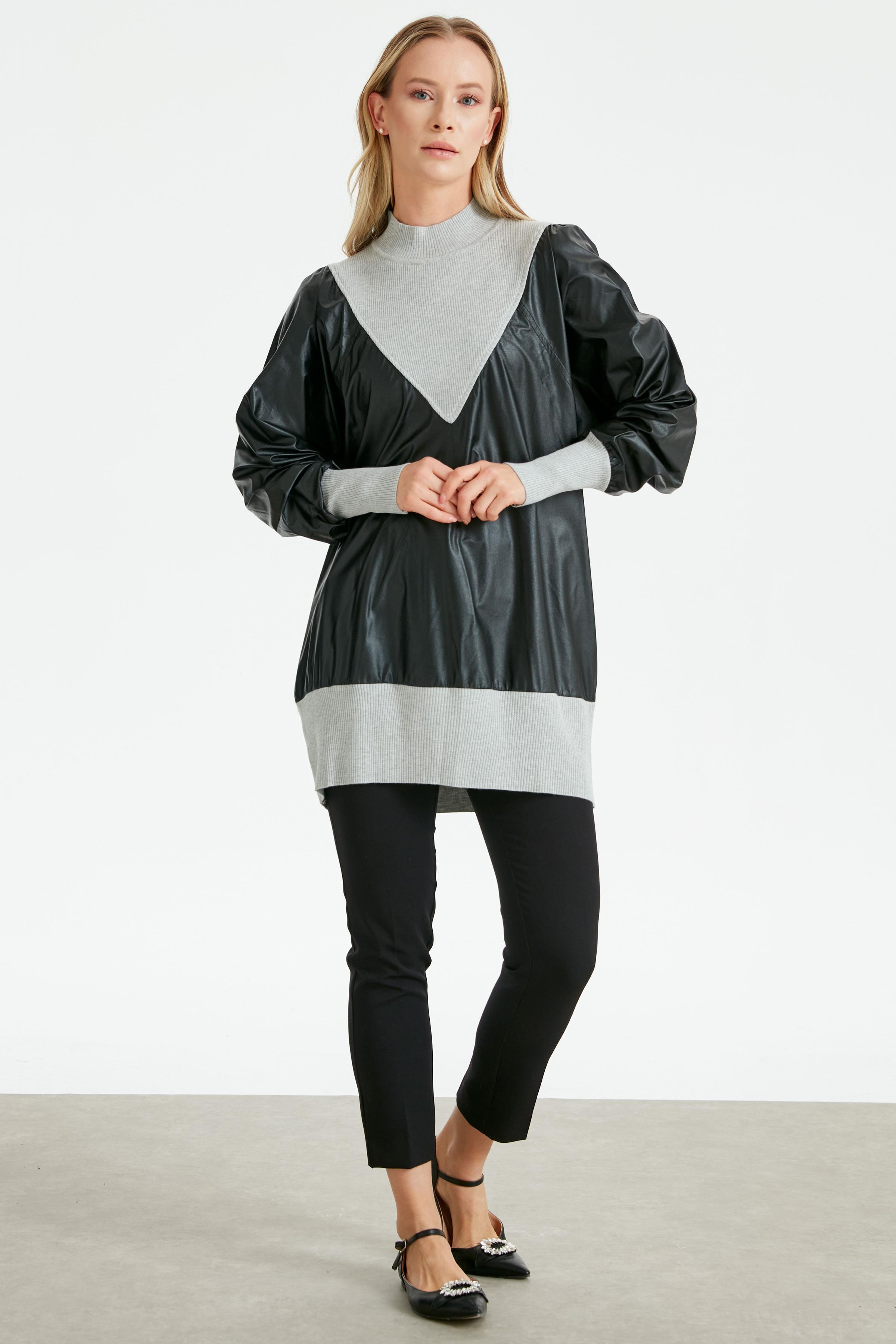 DERİ KOMBİNLİ TRİKO TUNİK GRİ