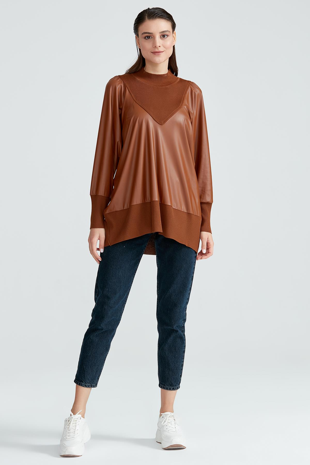 DERİ KOMBİNLİ TRİKO TUNİK KAHVE