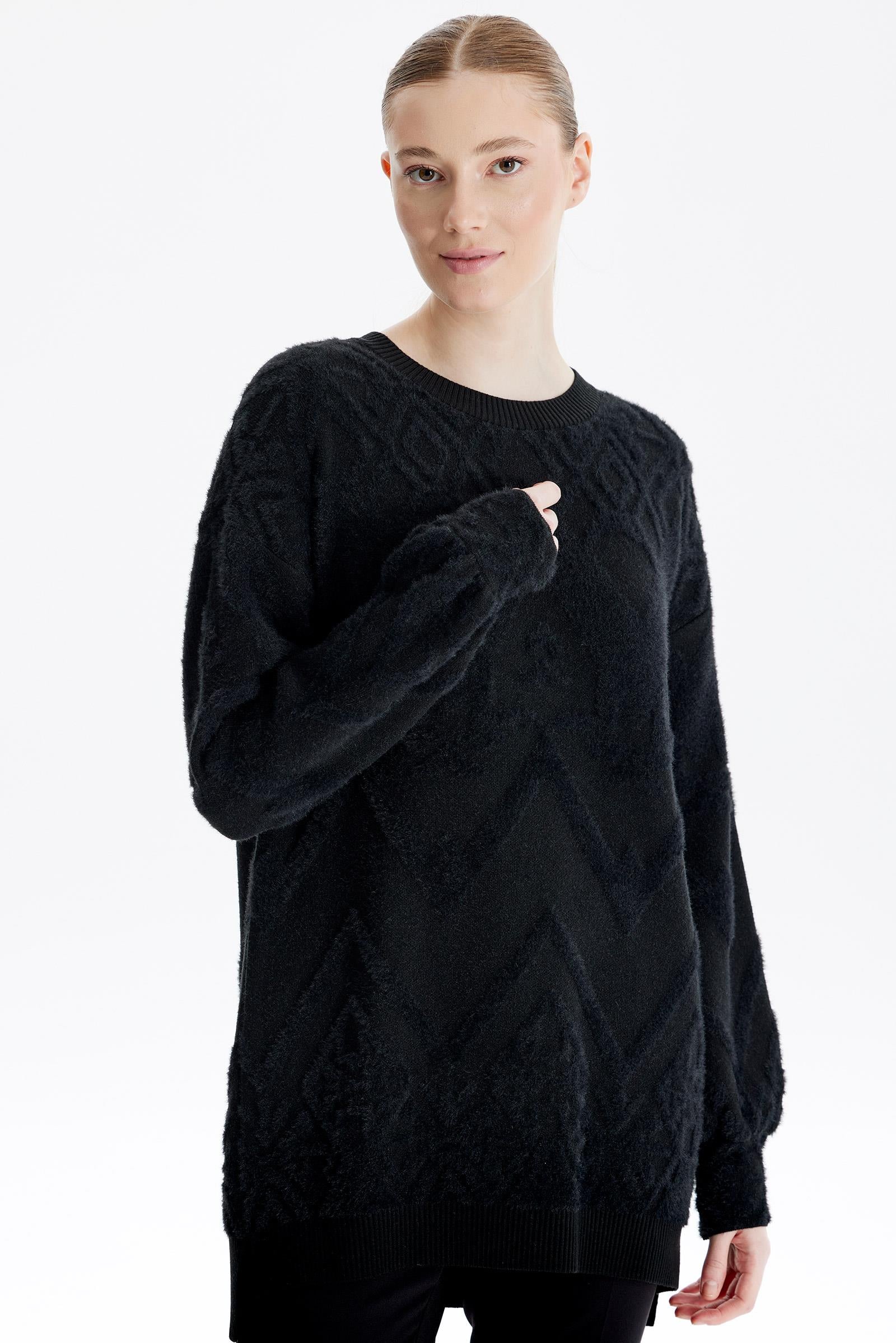 Desenli Sıfır Yaka Triko Tunik SİYAH