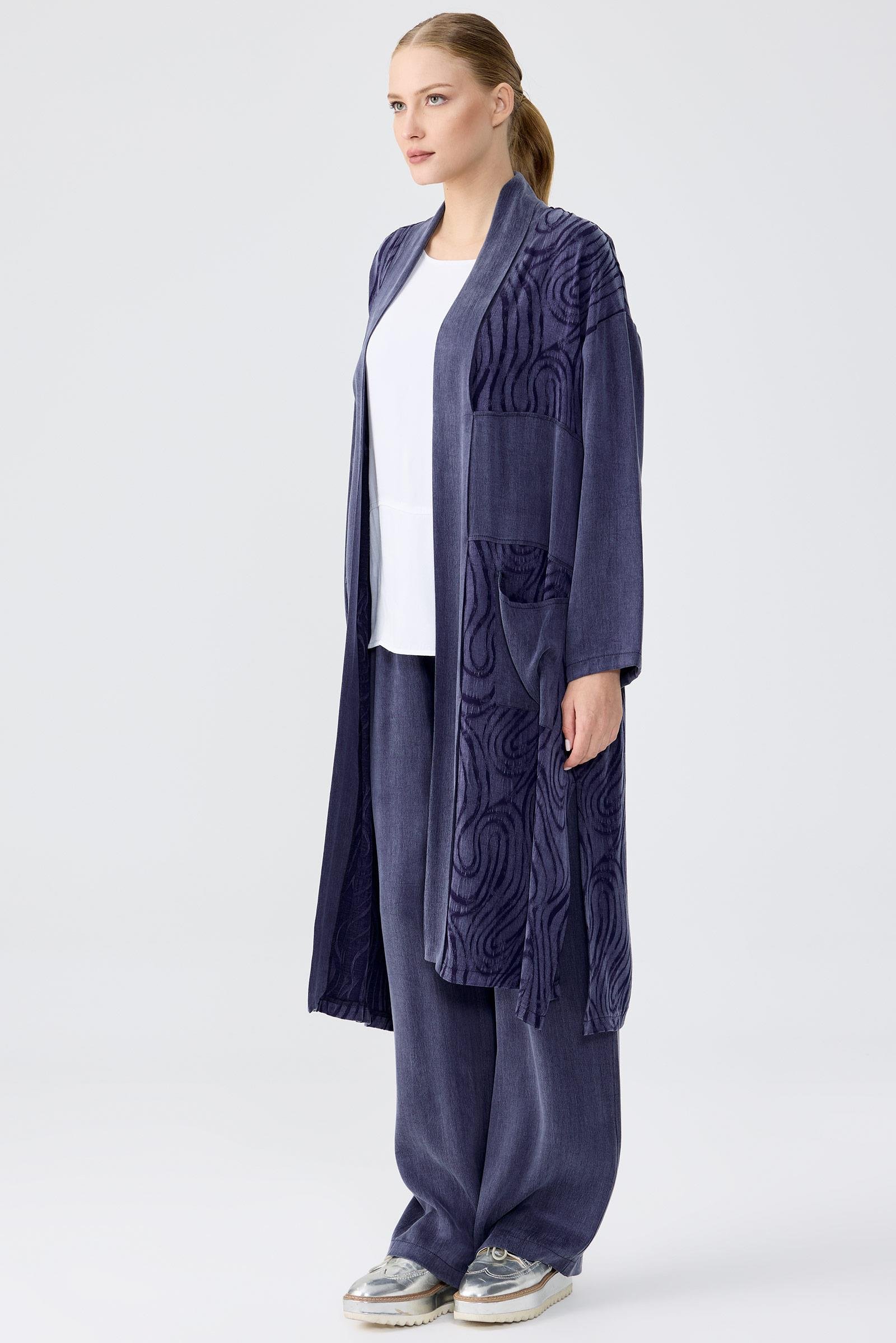 Desenli Ve Düz Kumaş Kombinli Uzun Hırka Takım LACİVERT