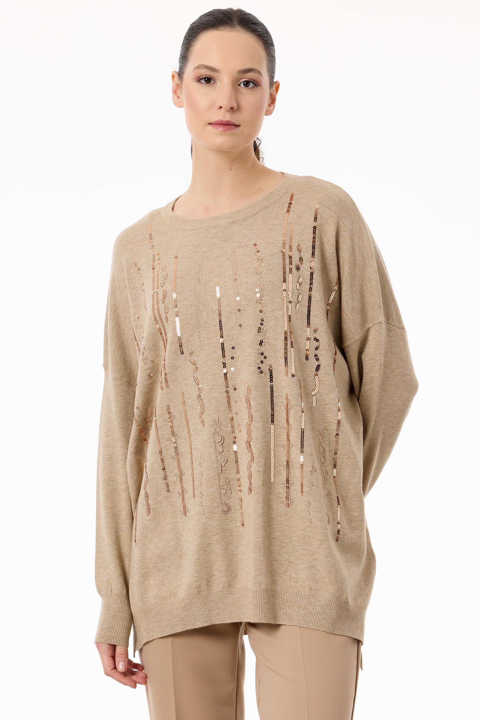 Dikine Şerit Payetli Triko Tunik CAMEL