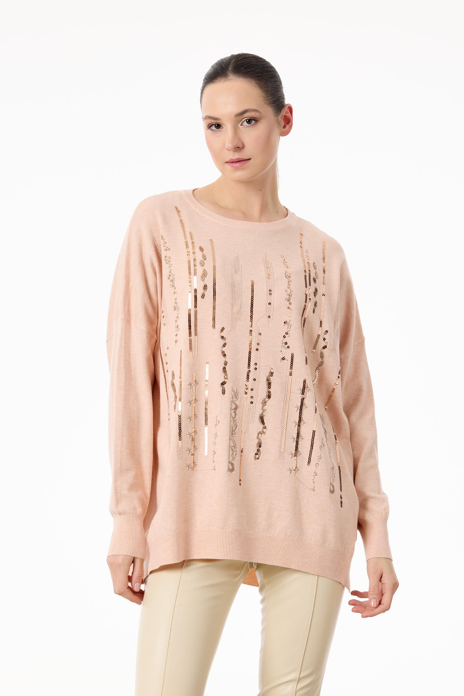 Dikine Şerit Payetli Triko Tunik PEMBE