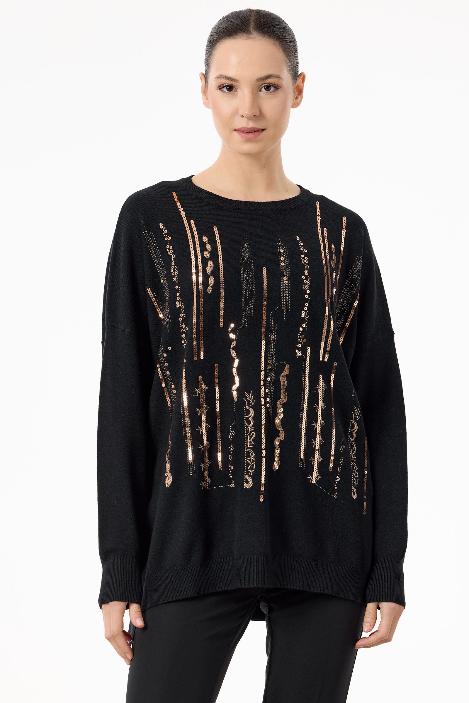 Dikine Şerit Payetli Triko Tunik SİYAH