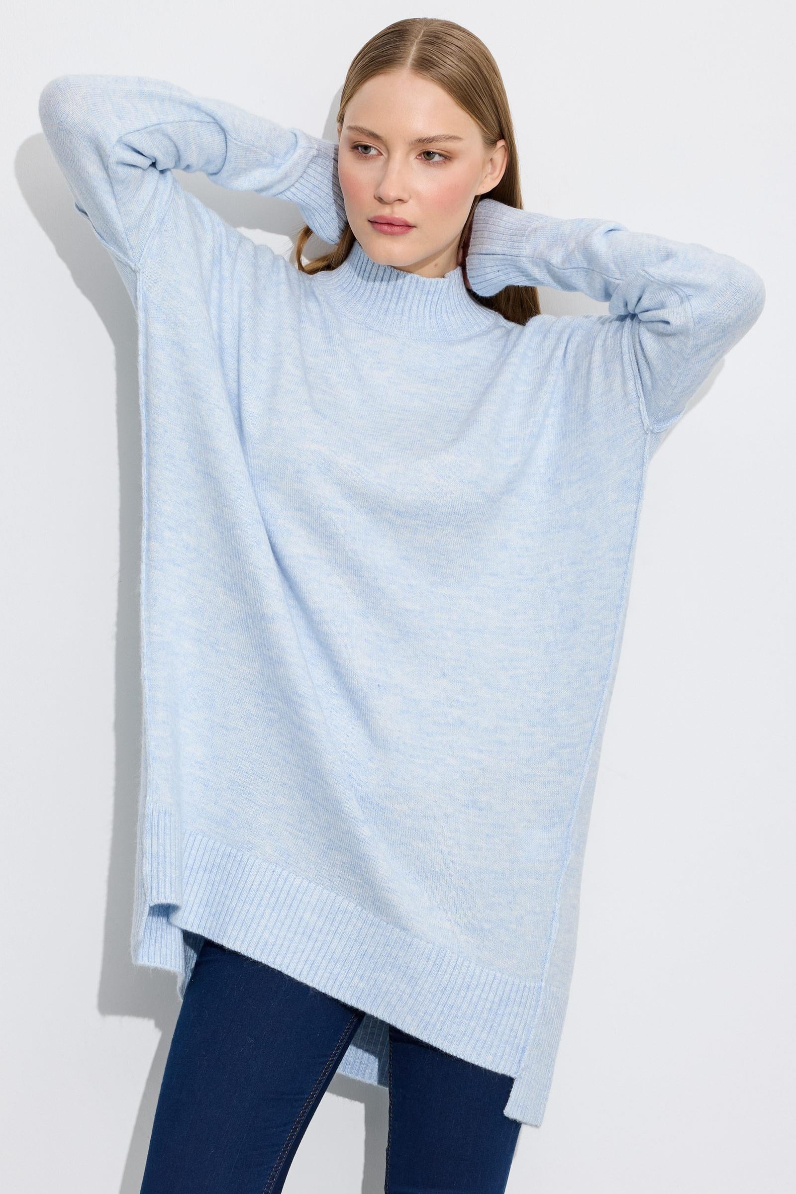 Dikiş Detaylı Basic Triko Tunik MAVİ