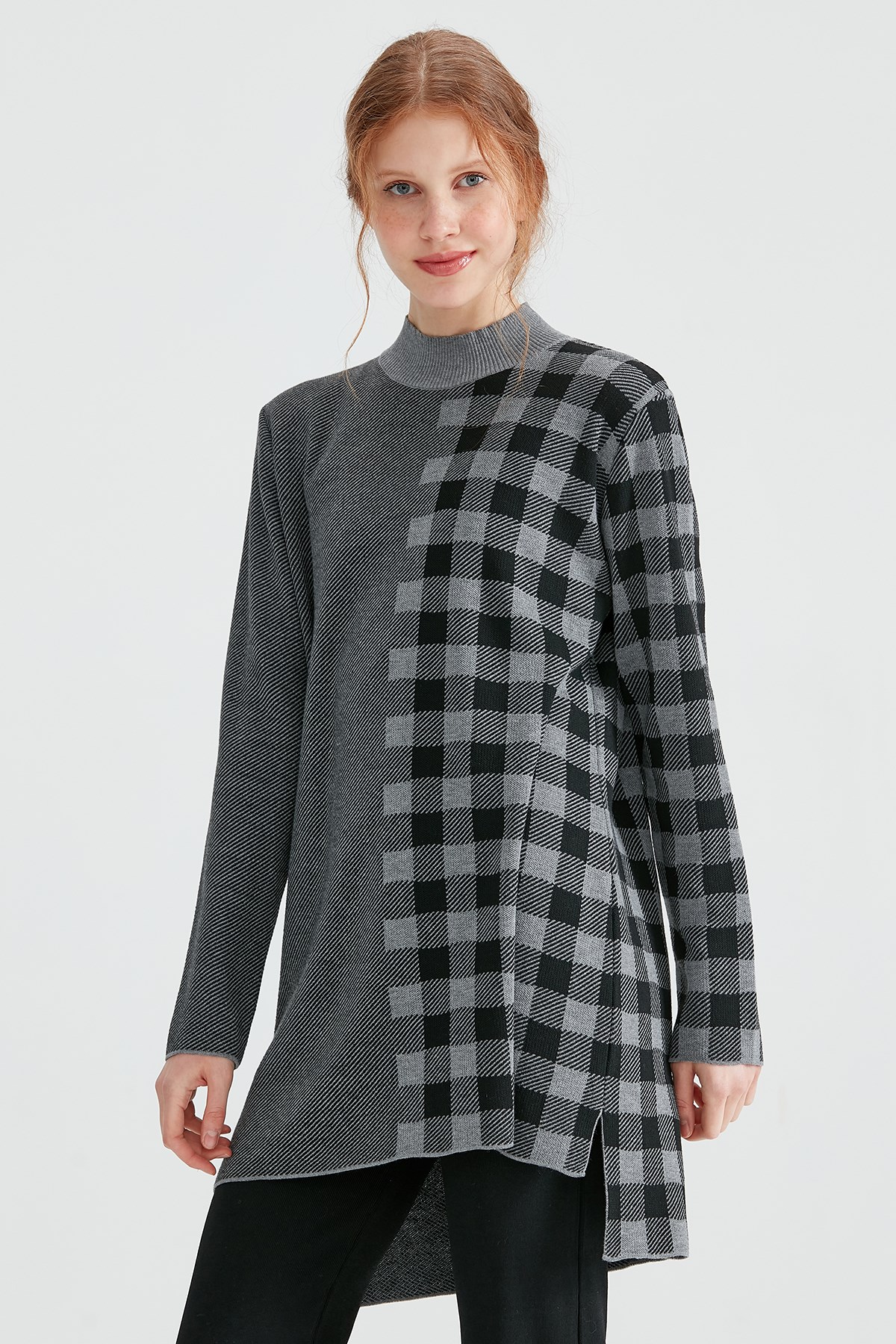 Ekose Detaylı Triko Tunik