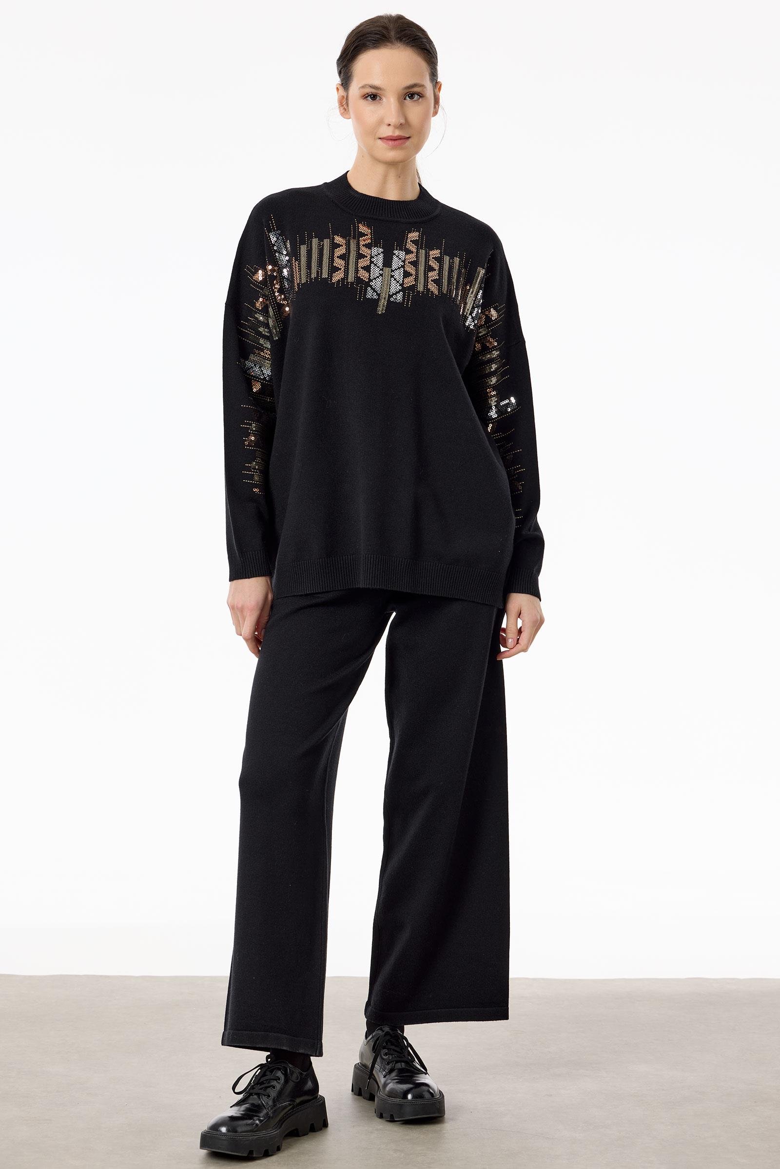 Etnik Desenli Taşlı Triko Pantolon Takım SİYAH