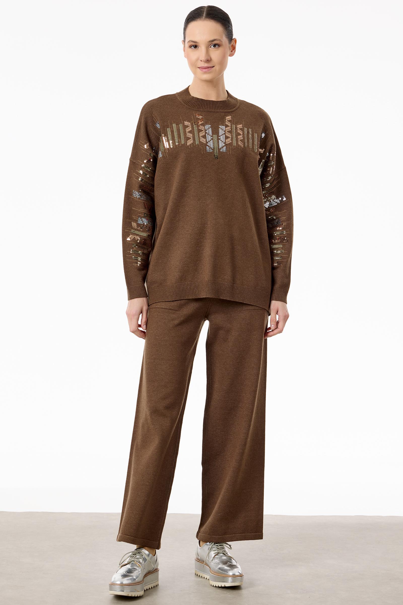 Etnik Desenli Taşlı Triko Pantolon Takım KAHVE