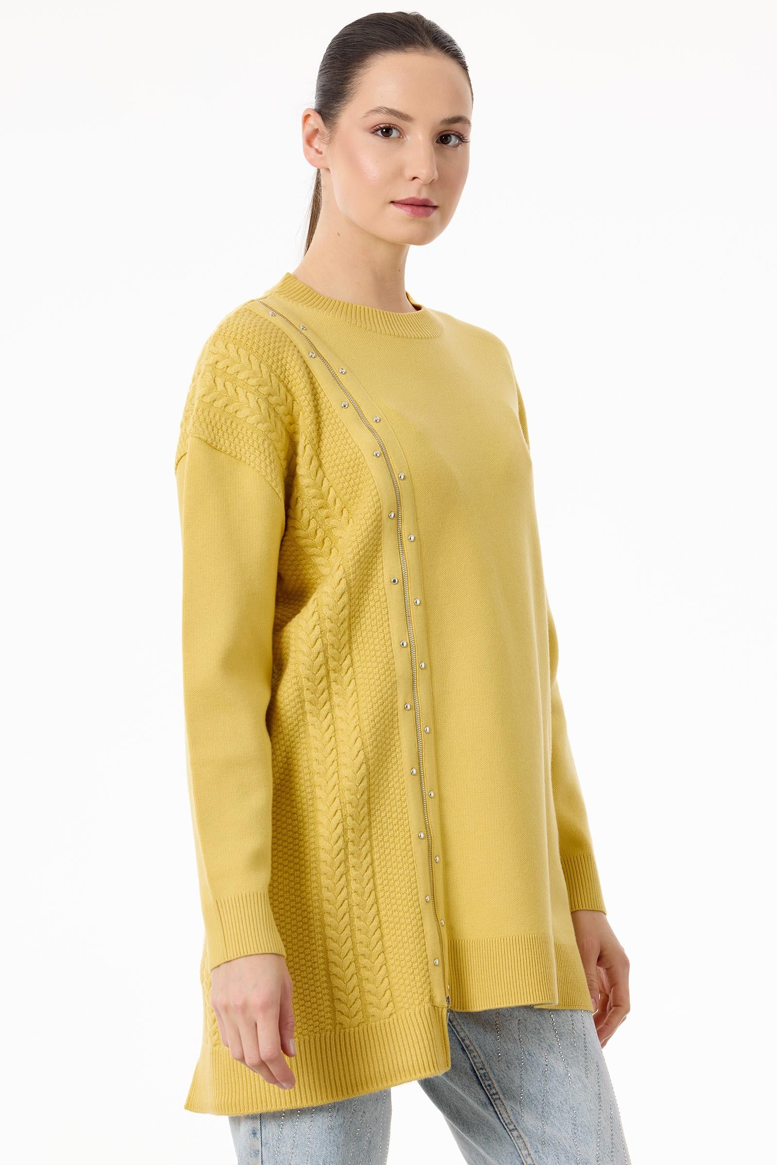 Fermuar Detaylı Triko Tunik SARI