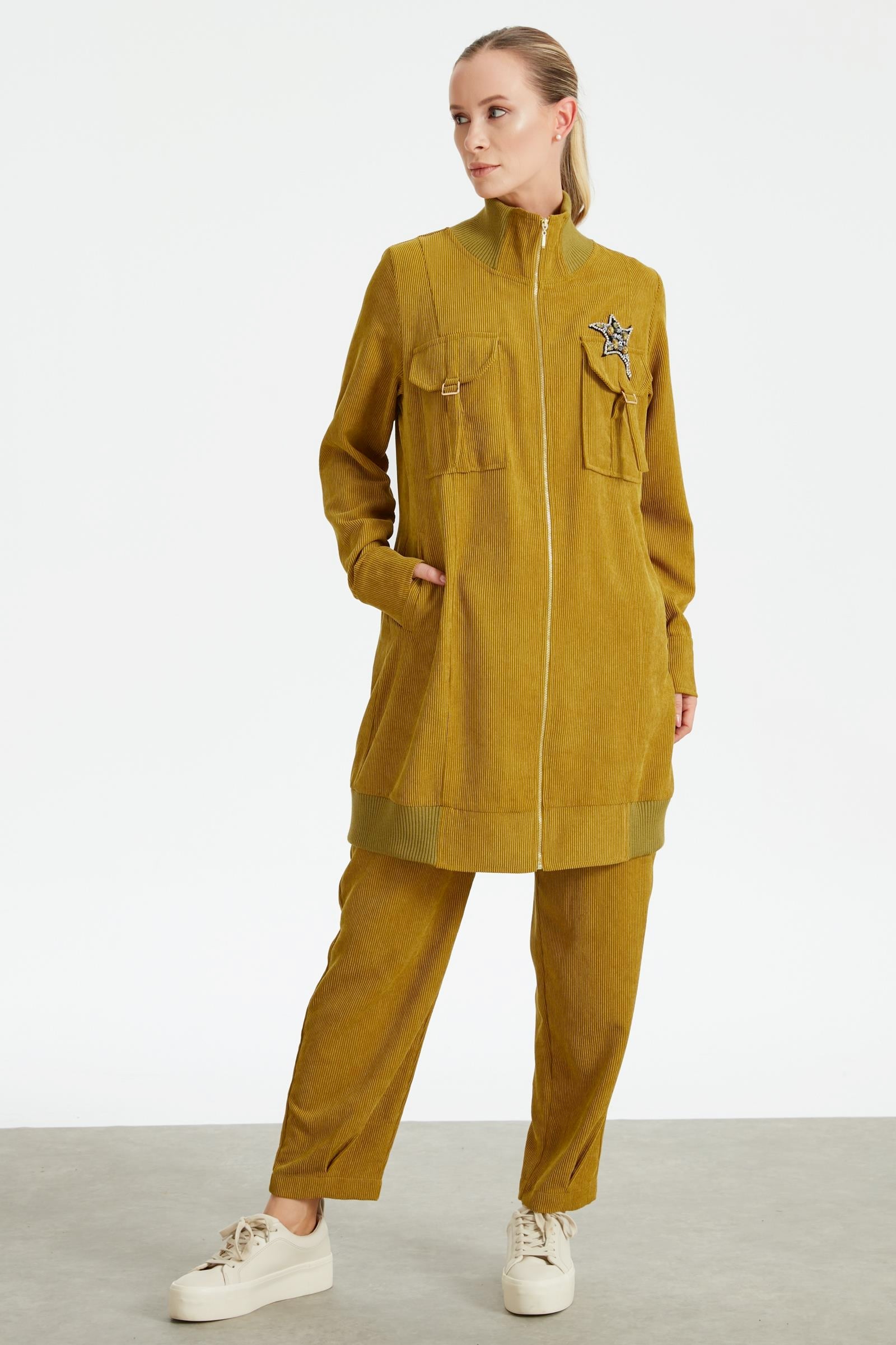 Fitilli Kadife Cepli Dokuma Tunik Pantolon Takım SAFRAN