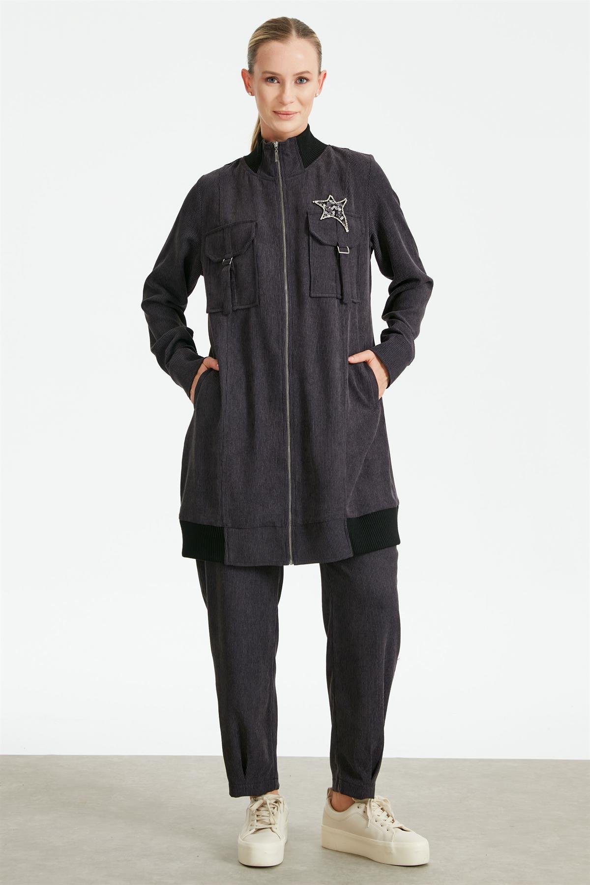 Fitilli Kadife Cepli Dokuma Tunik Pantolon Takım ANTRASİT