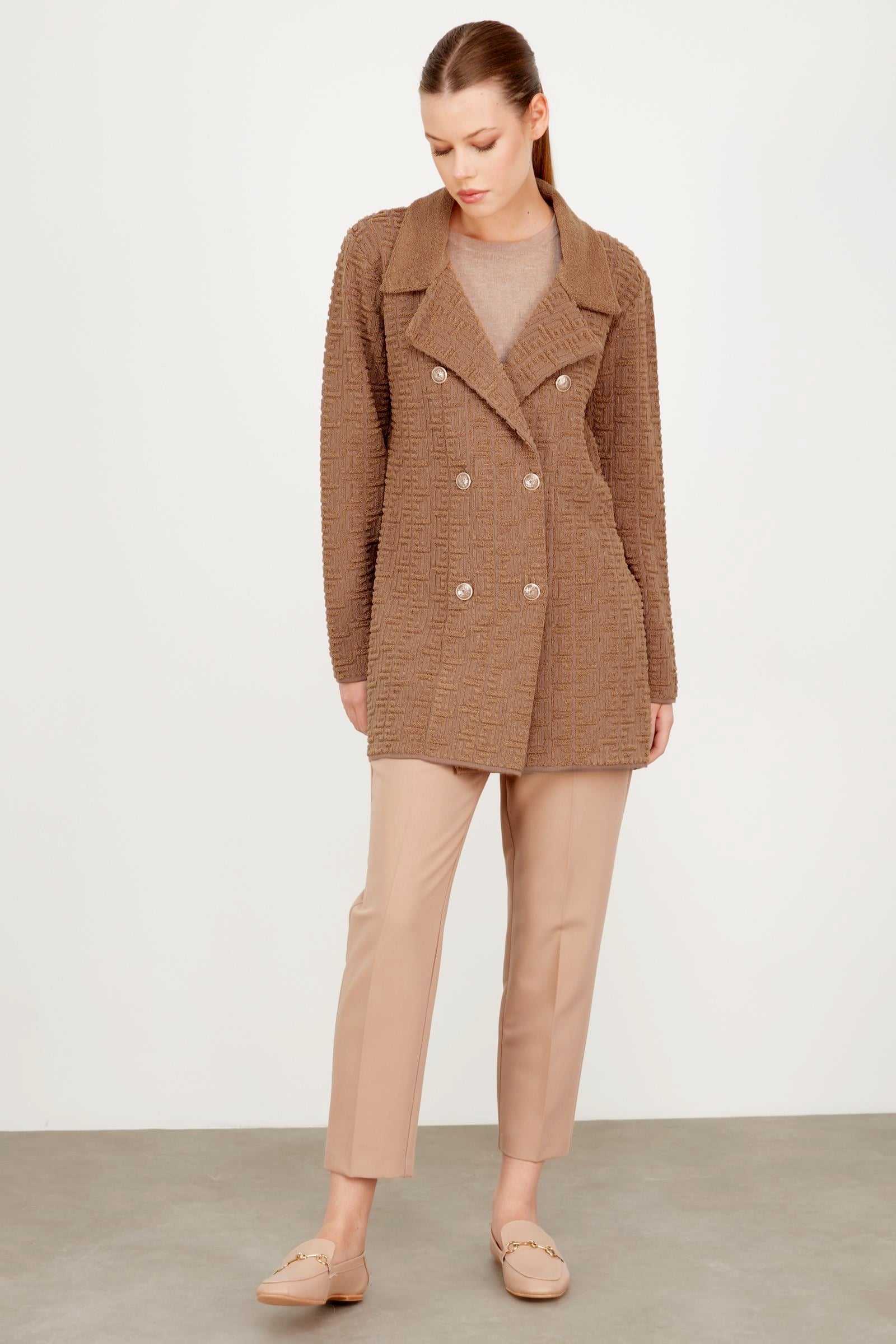 Havlu Örgülü Kruvaze Rayon Triko Hırka CAMEL