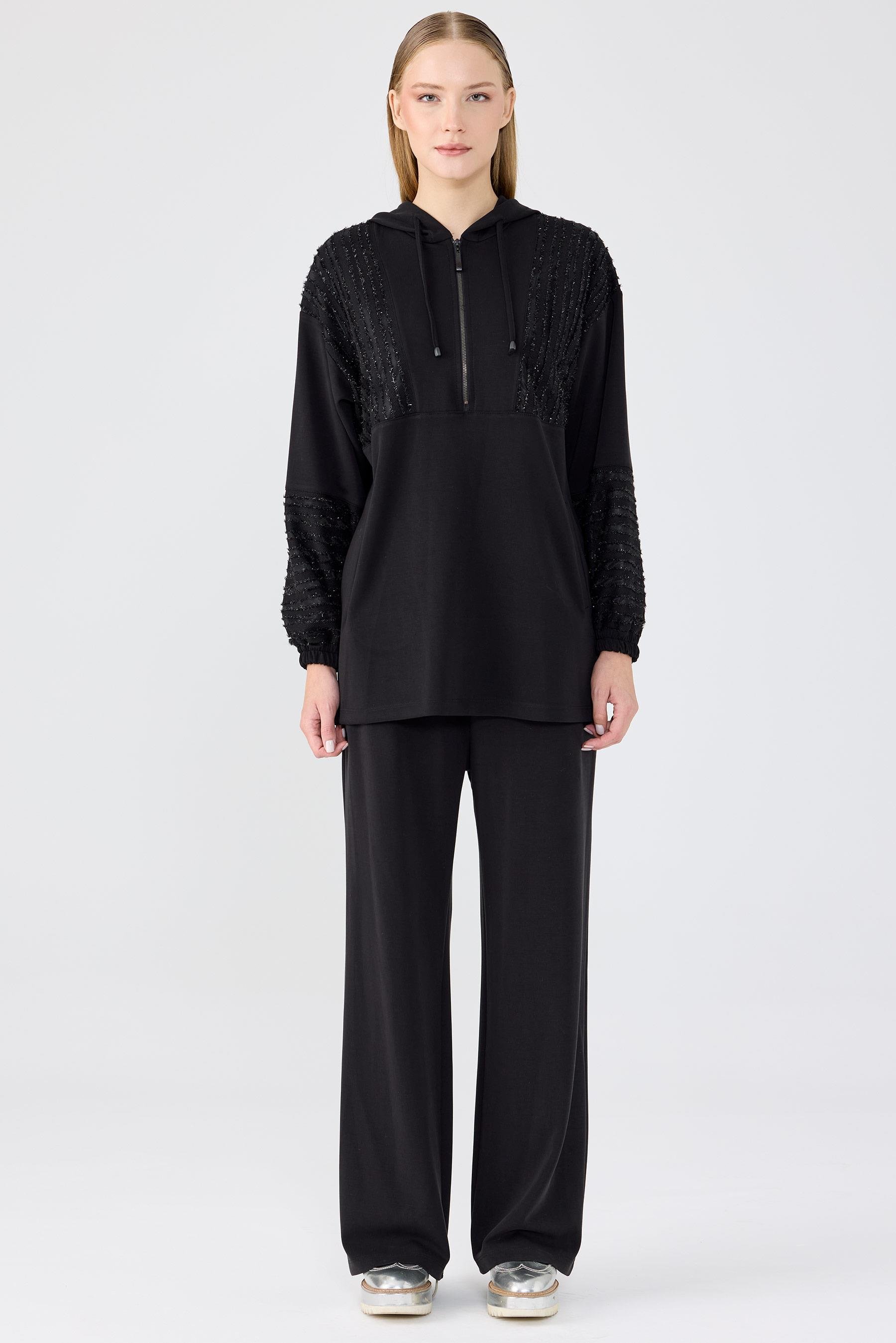 Kabartma File Kombinli Tunik Pantolon Takım SİYAH