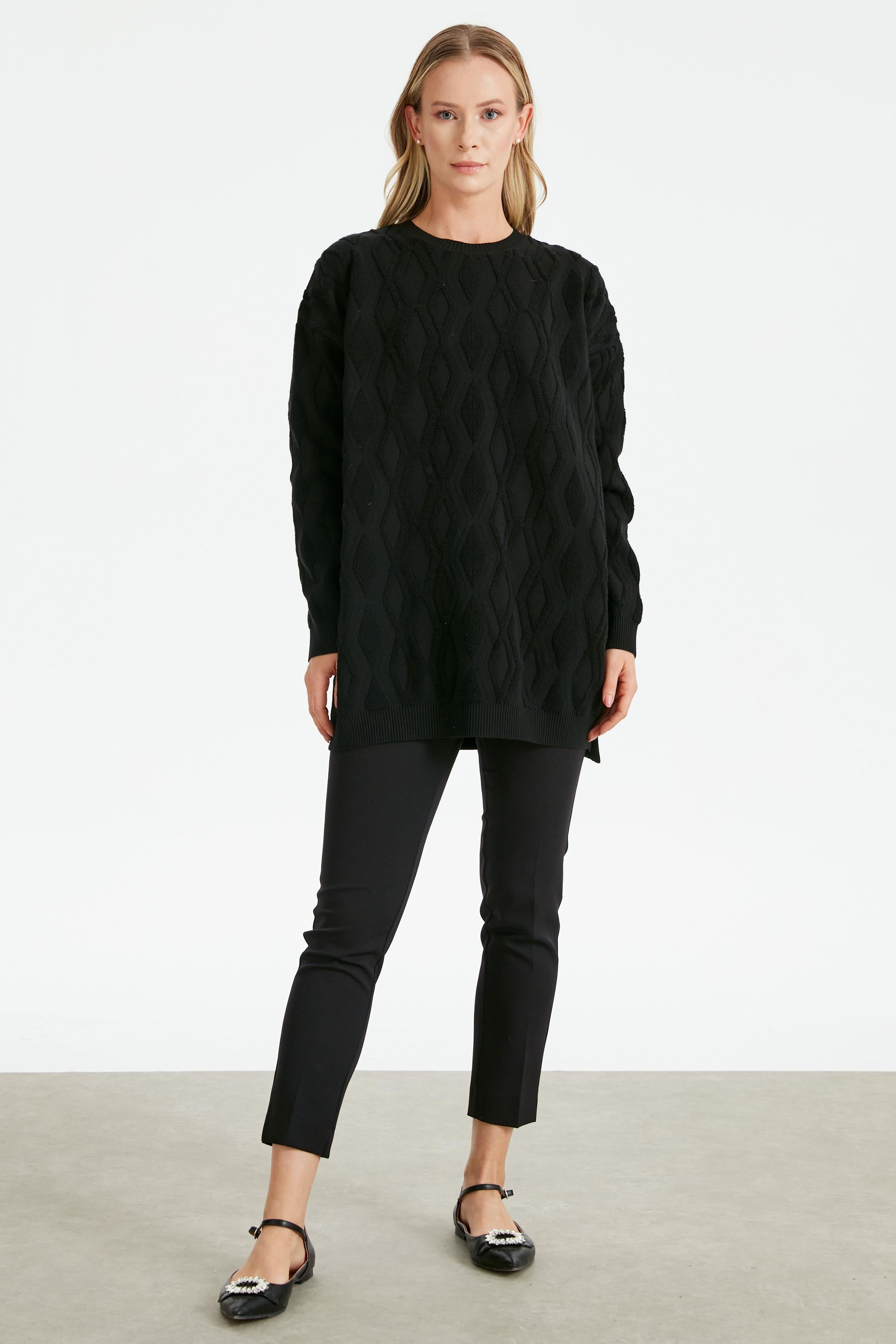 Kapartma Desenli Triko Tunik SİYAH