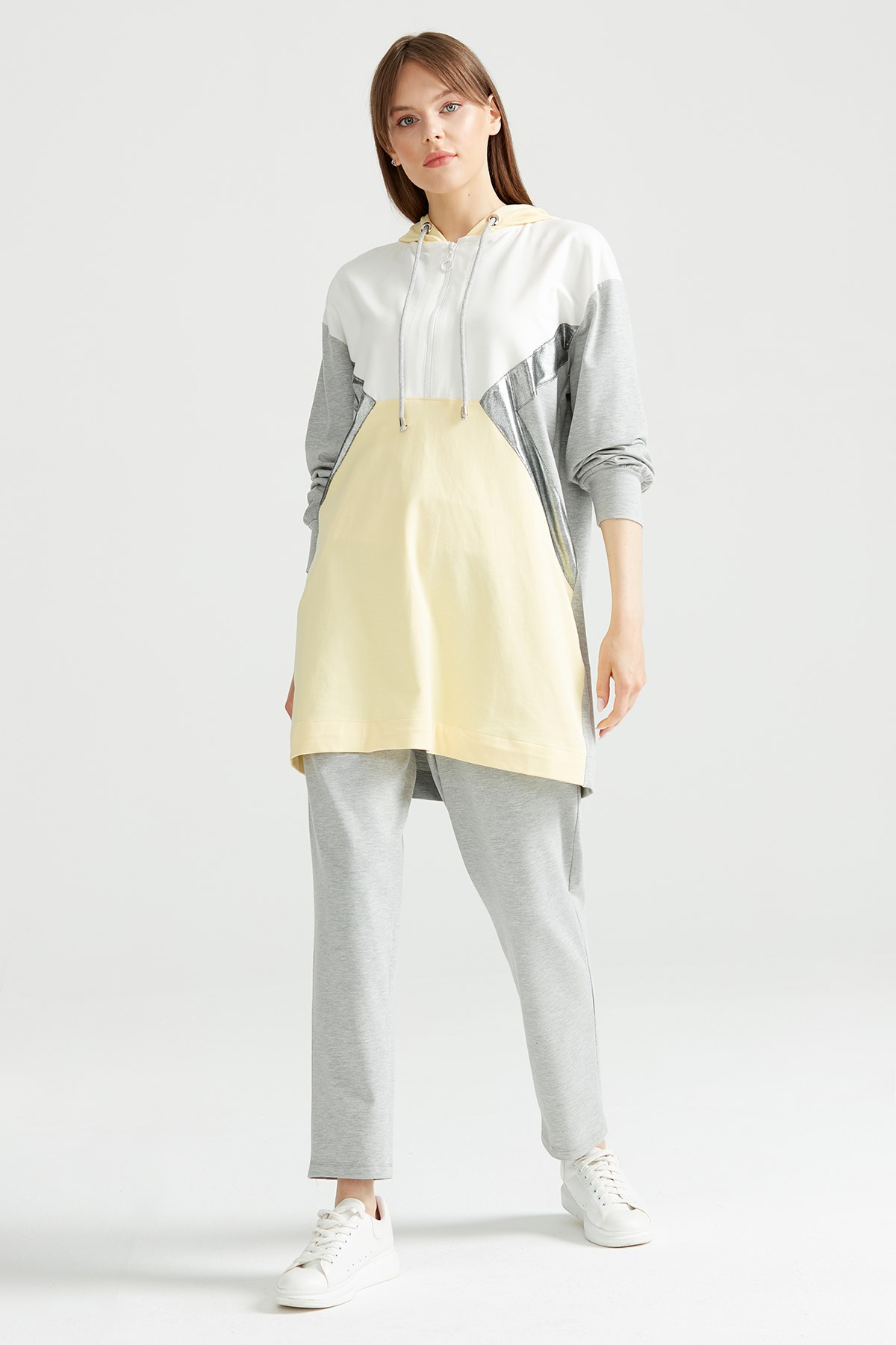 Kapüşonlu Patcwork Eşofman Takım GRİ