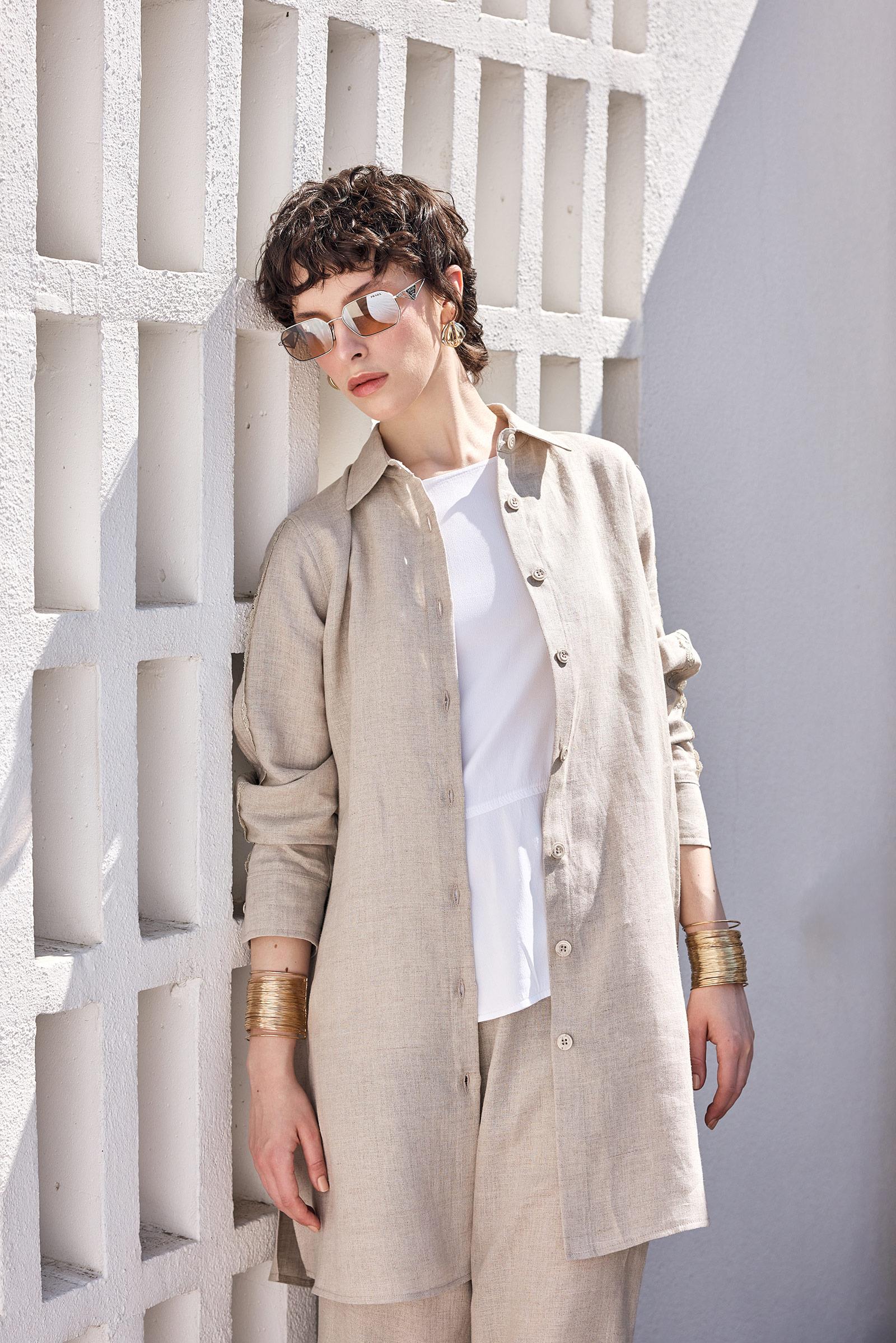 Keten Tunik Pantolon Güpürlü Takım BEJ