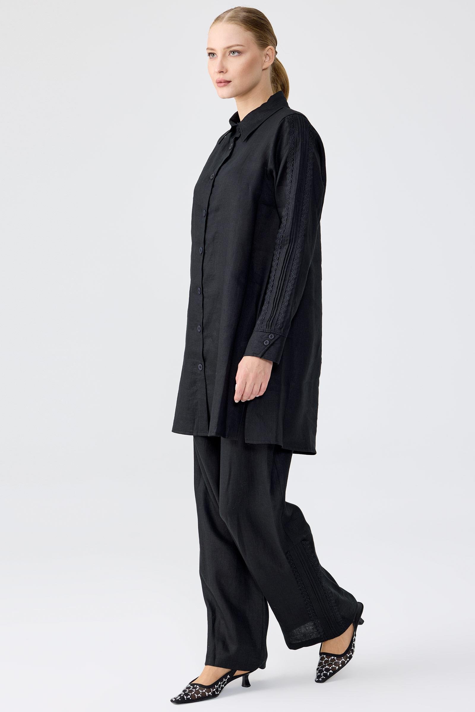 Keten Tunik Pantolon Güpürlü Takım SİYAH