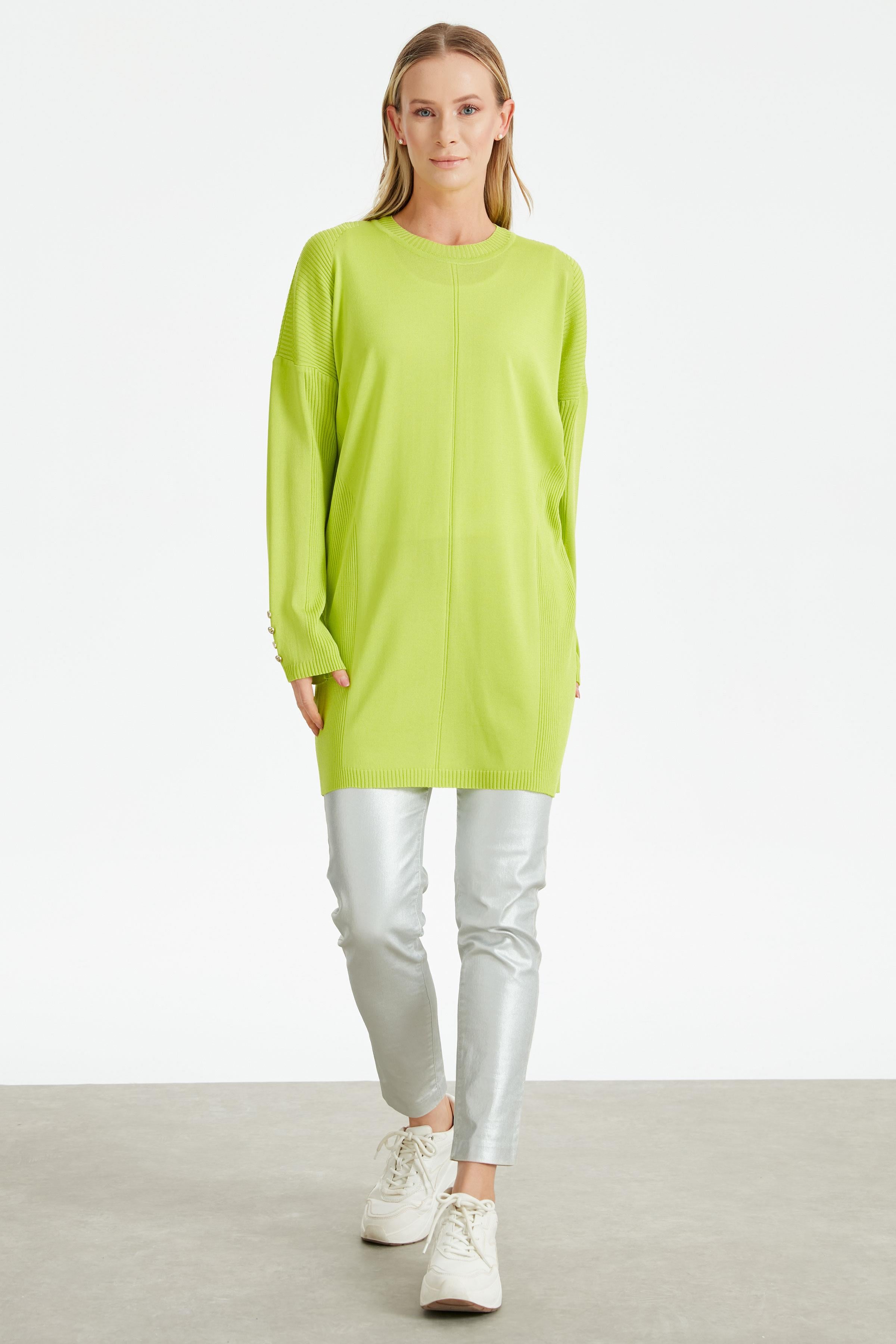 Kolları Düğmeli Örgü Detaylı Rayon Tunik NEON