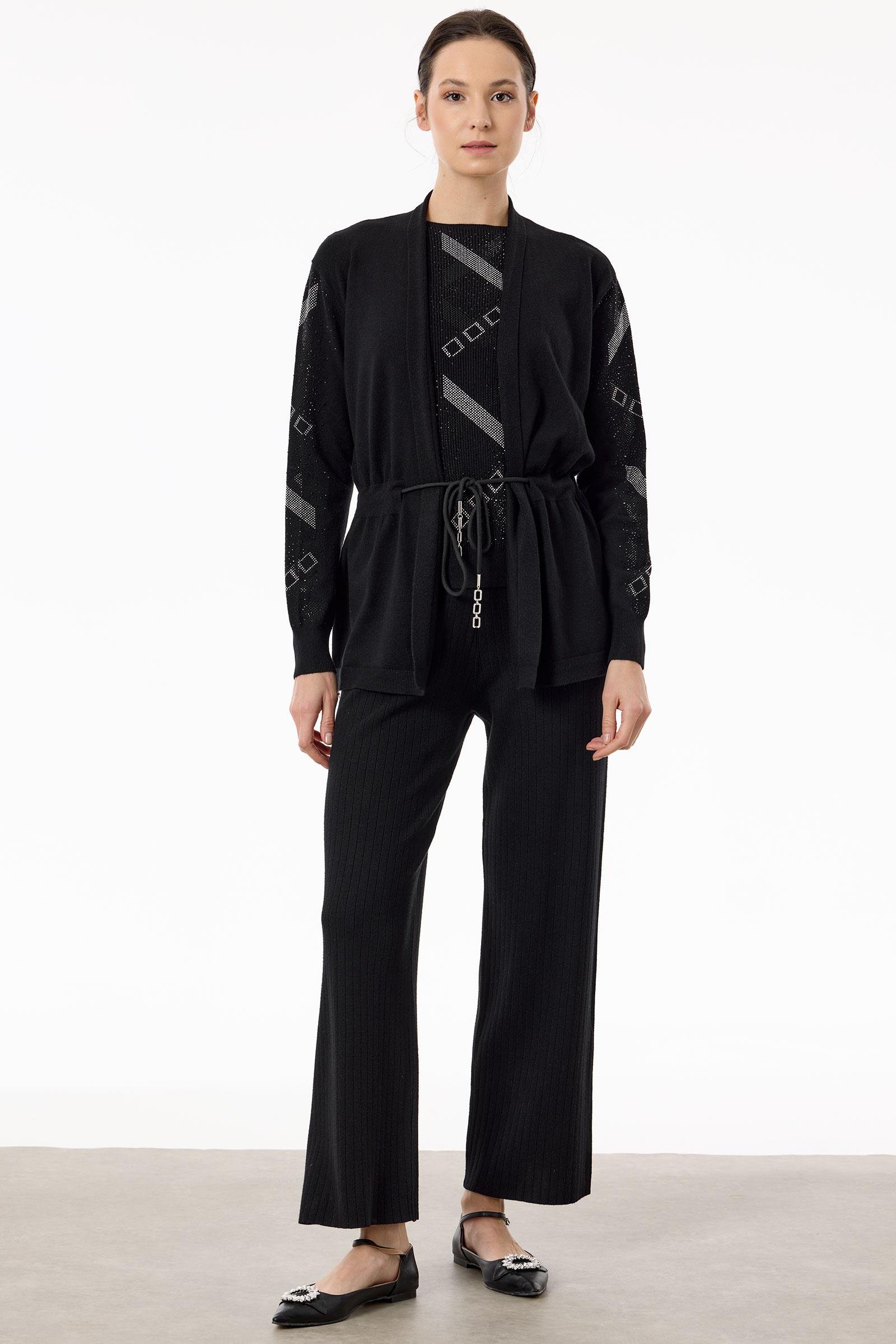 Kolları Taşlı 3'lü Triko Takım SİYAH