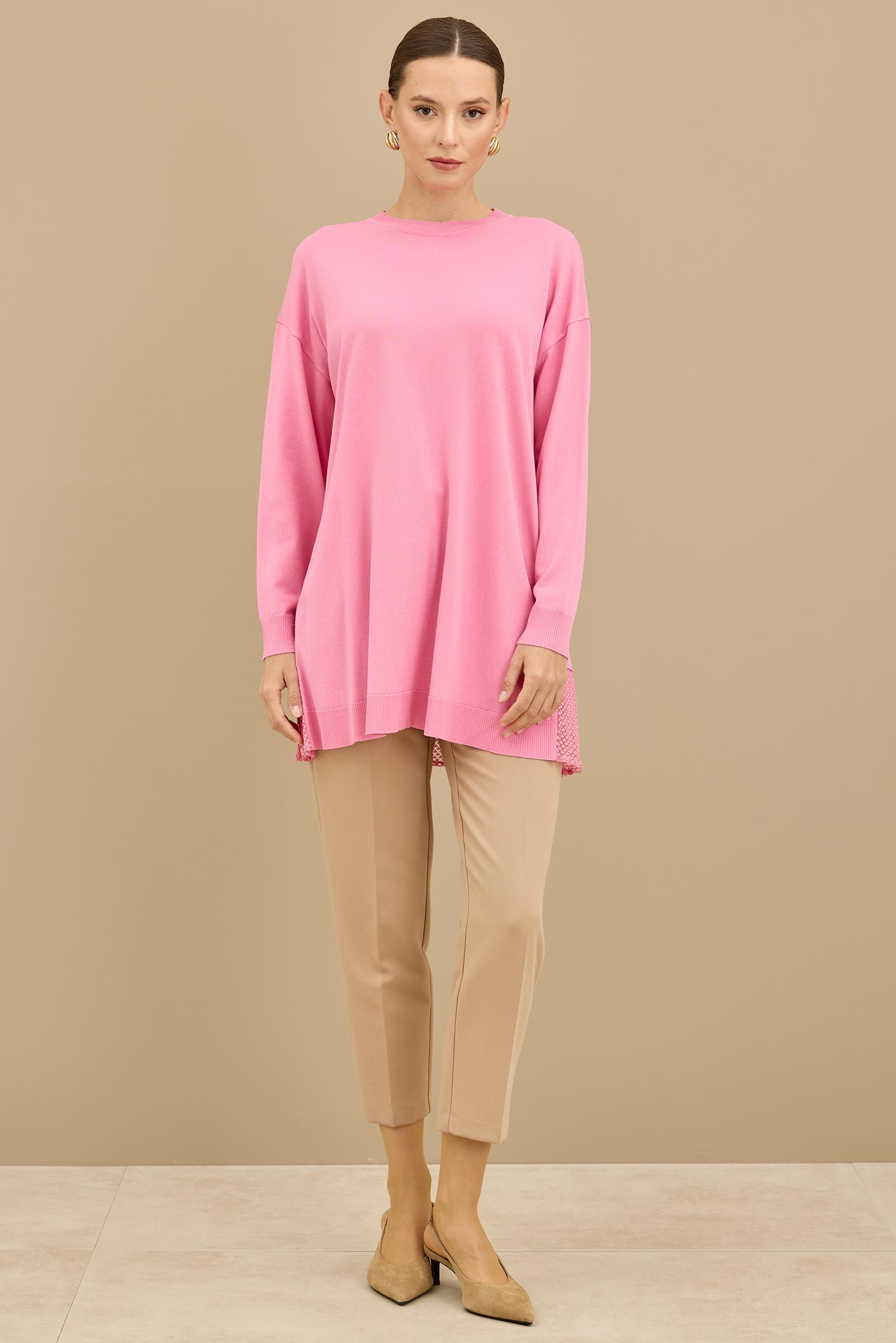 Kumaş Garnili Triko Tunik PEMBE