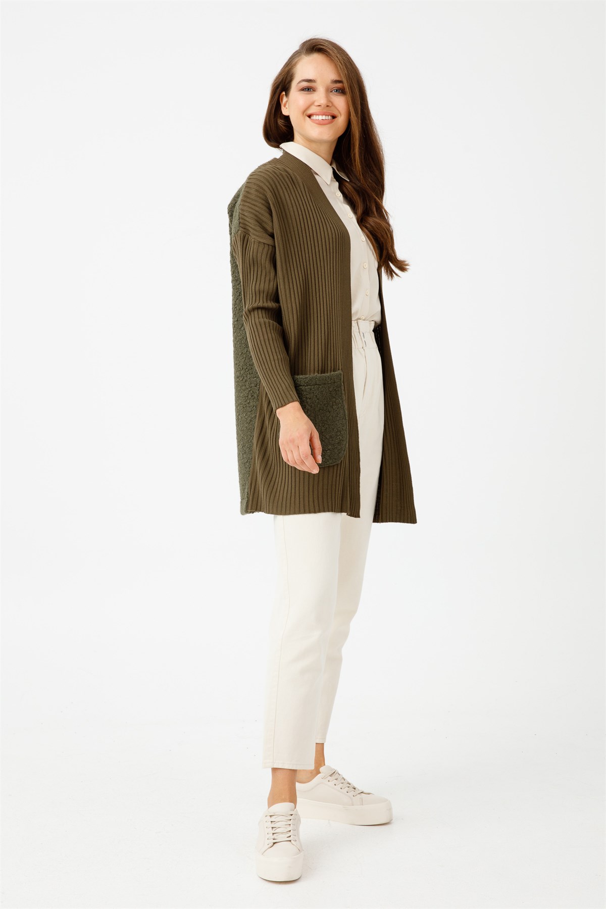 Kumaş Kombinli Triko Hırka