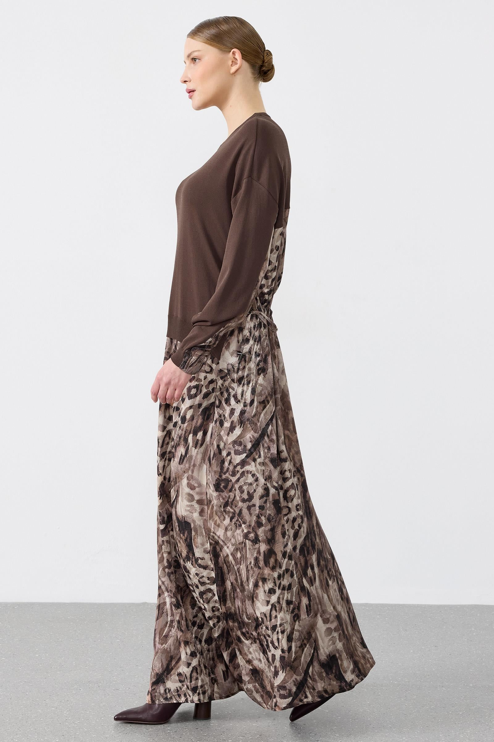 Leopar Desenli Mix Elbise KAHVE
